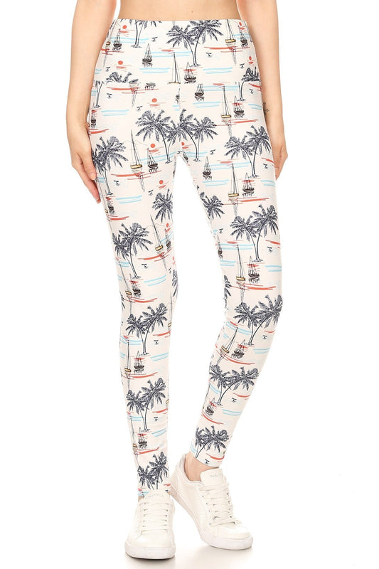 5-inch Long Yoga Style Banded Lined Sailor Printed Knit Legging With High Waist Smile Sparker