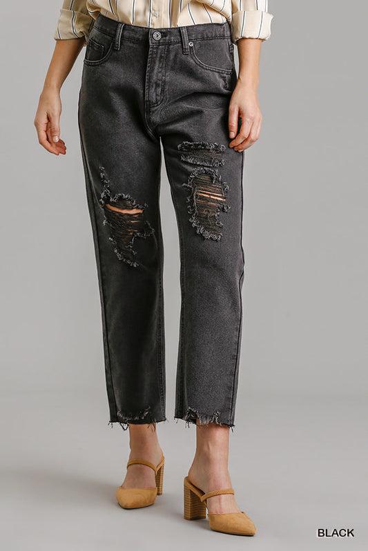 5 Pockets Non-stretch Straight Cut Distressed Denim Jeans With Raw Hem Smile Sparker
