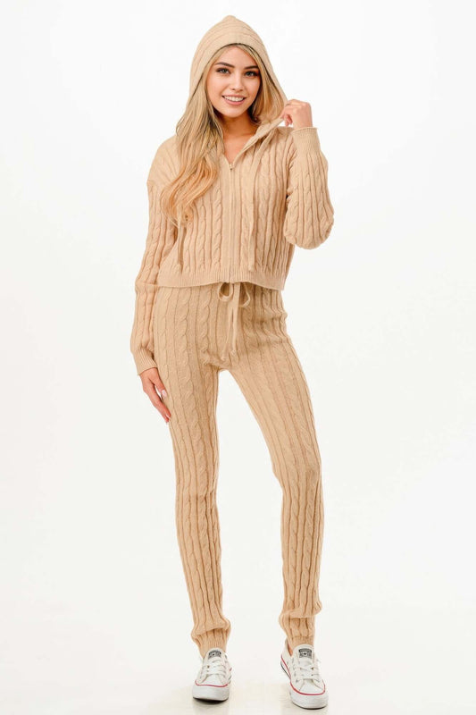 Aurevia Cable Knit Hoodie And Pants Set For Women Loungewear - Smile Sparker