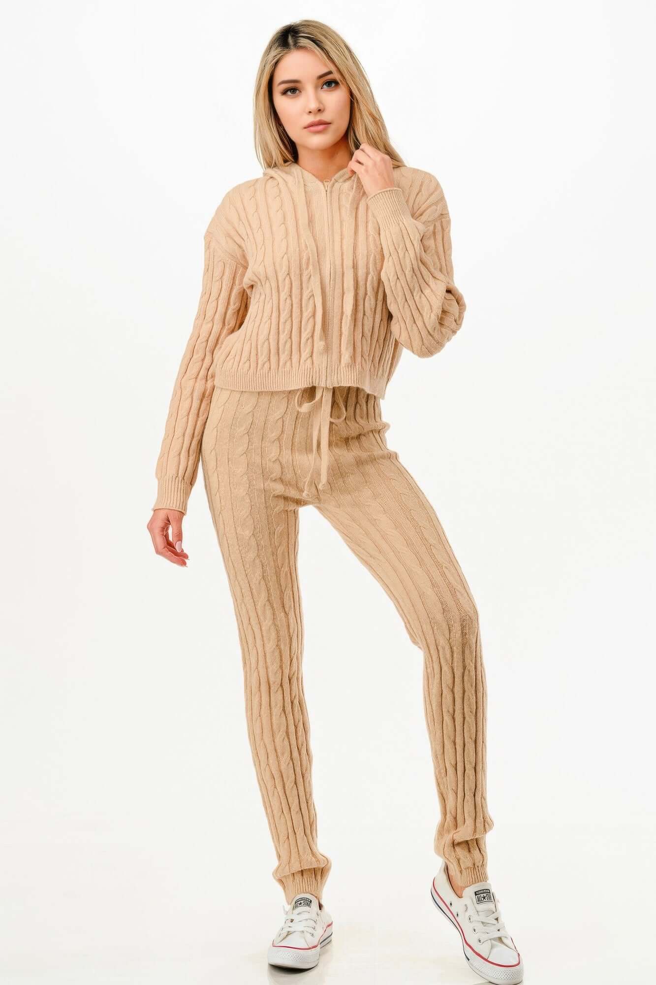 Aurevia Cable Knit Hoodie And Pants Set For Women Loungewear - Smile Sparker