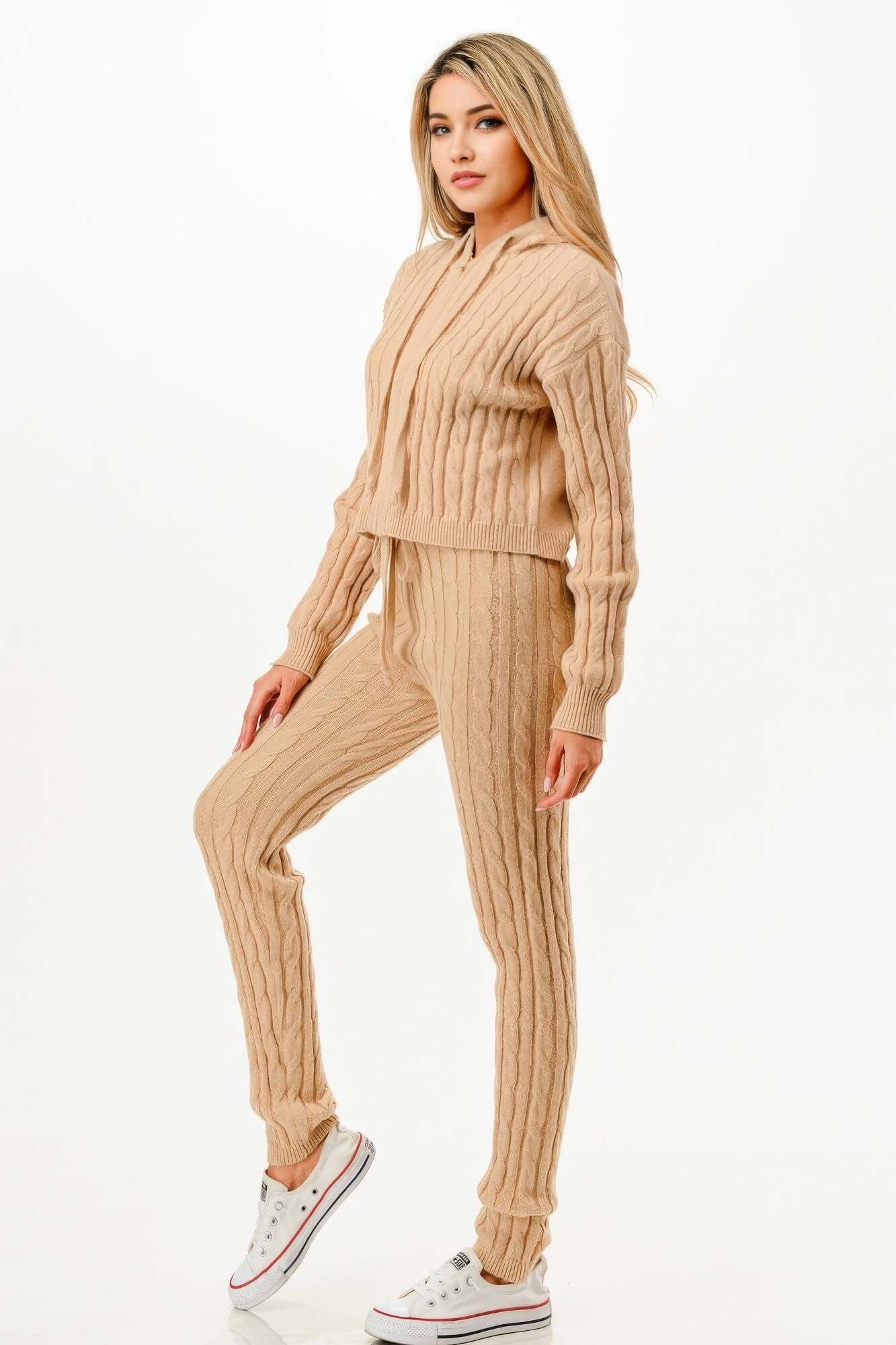 Aurevia Cable Knit Hoodie And Pants Set For Women Loungewear - Smile Sparker