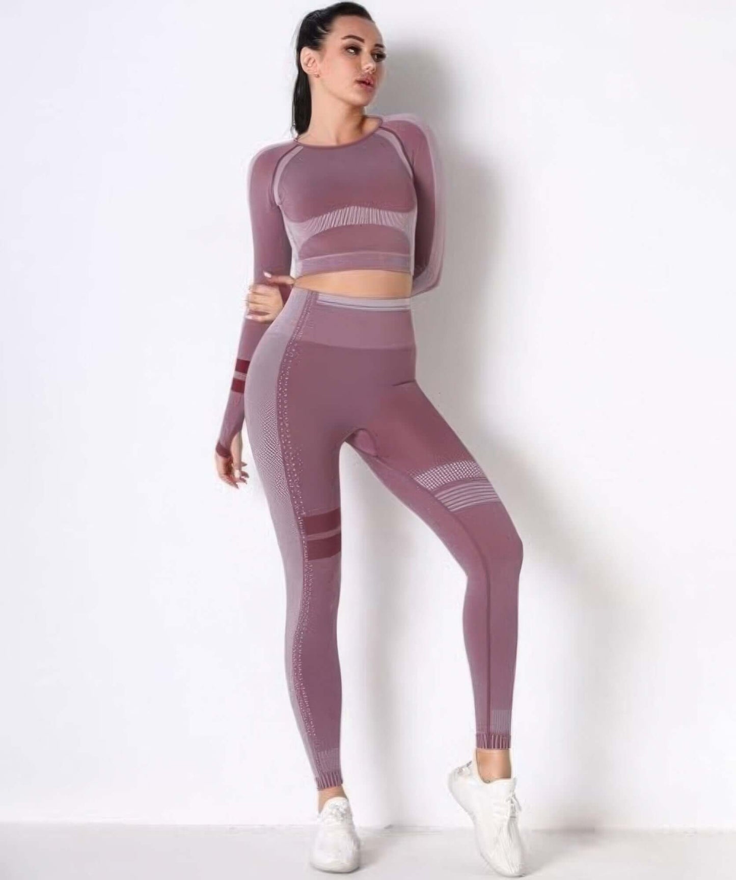 Aurevia Seamless Yoga Set Long Sleeve Crop Top Leggings - Smile Sparker