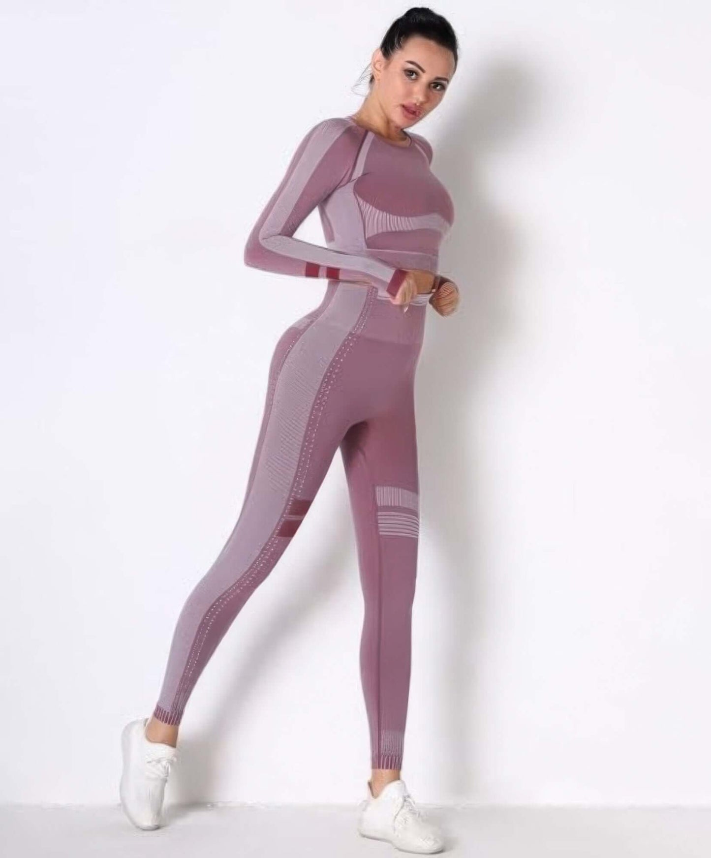 Aurevia Seamless Yoga Set Long Sleeve Crop Top Leggings - Smile Sparker