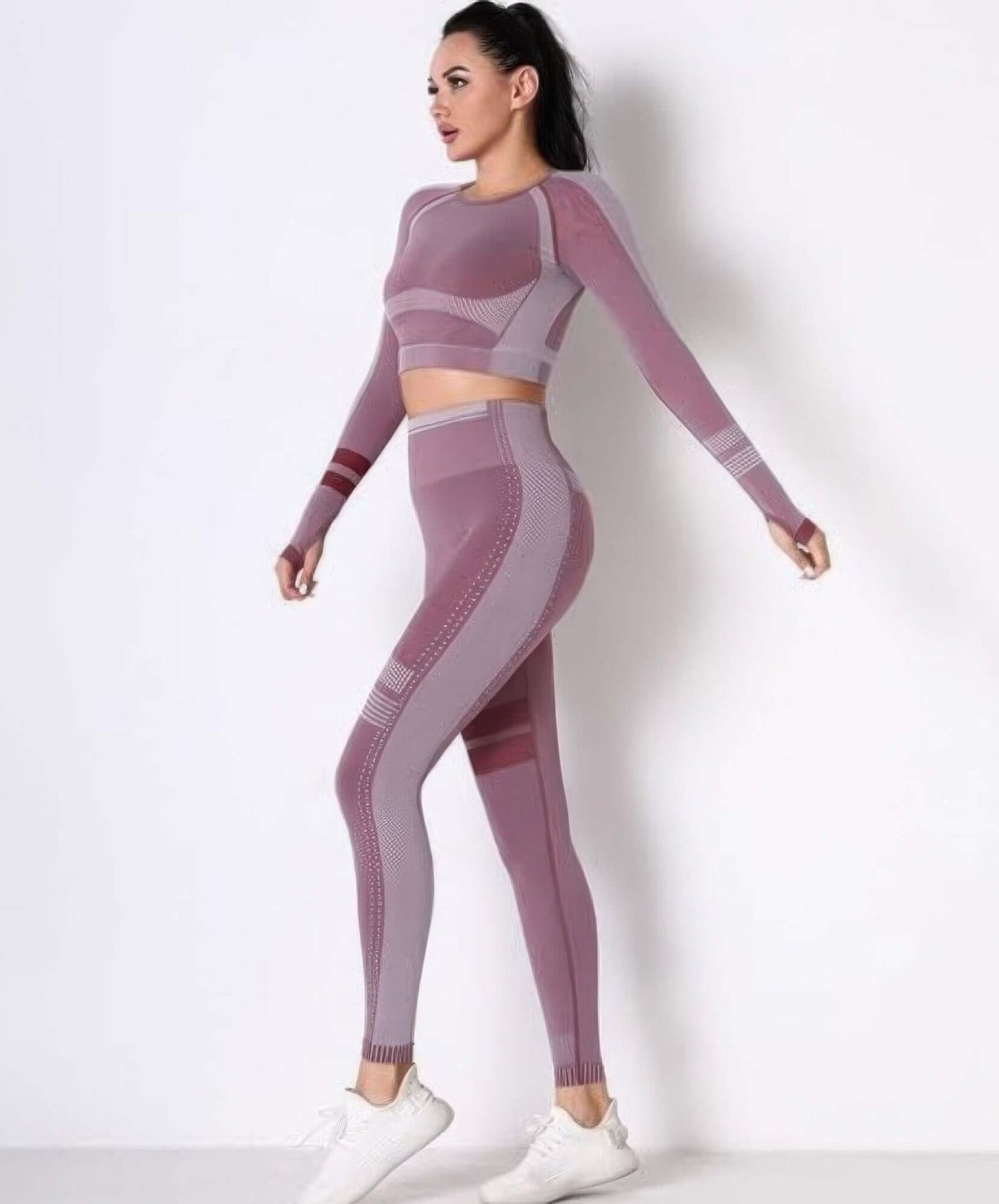 Aurevia Seamless Yoga Set Long Sleeve Crop Top Leggings - Smile Sparker