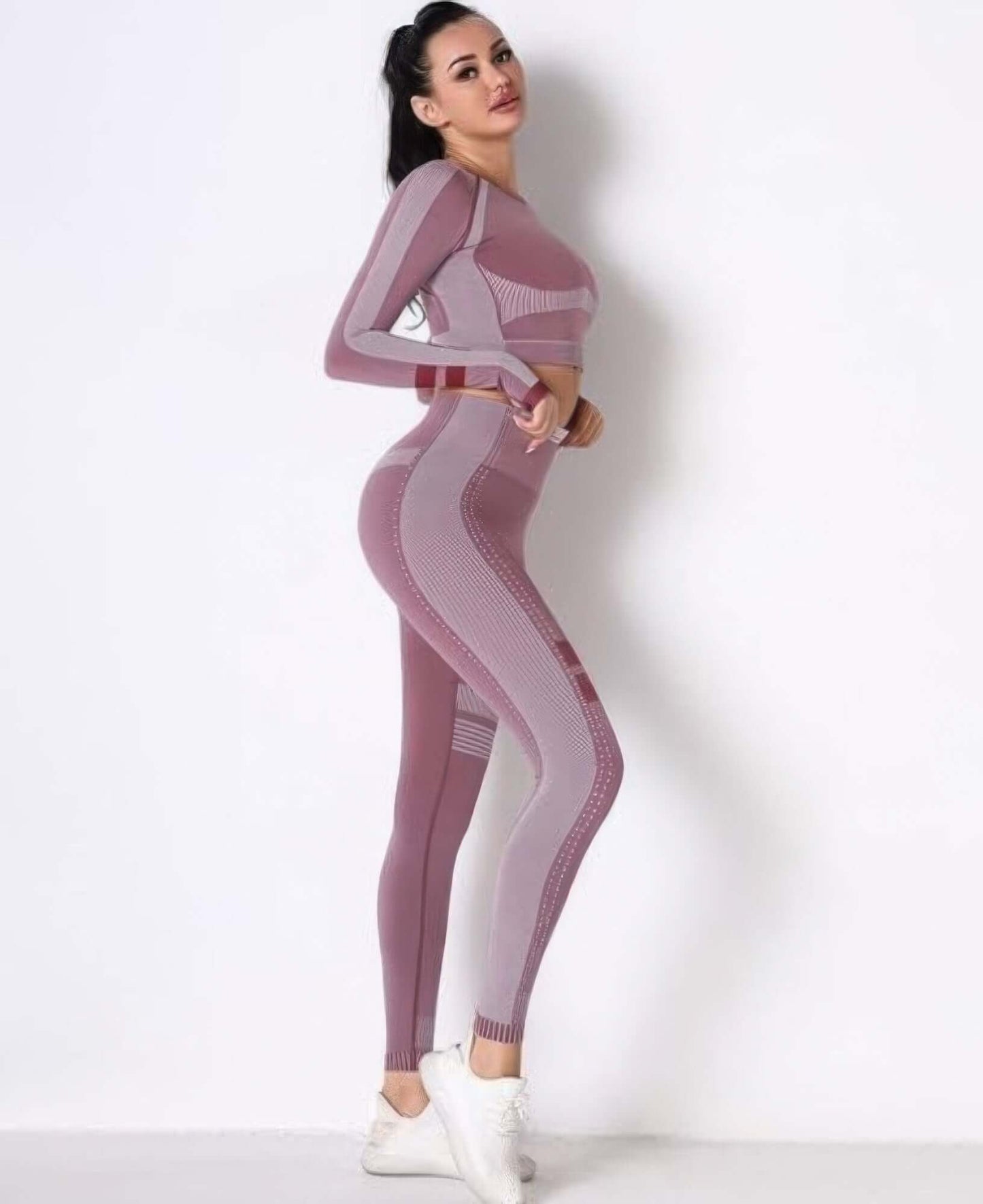 Aurevia Seamless Yoga Set Long Sleeve Crop Top Leggings - Smile Sparker