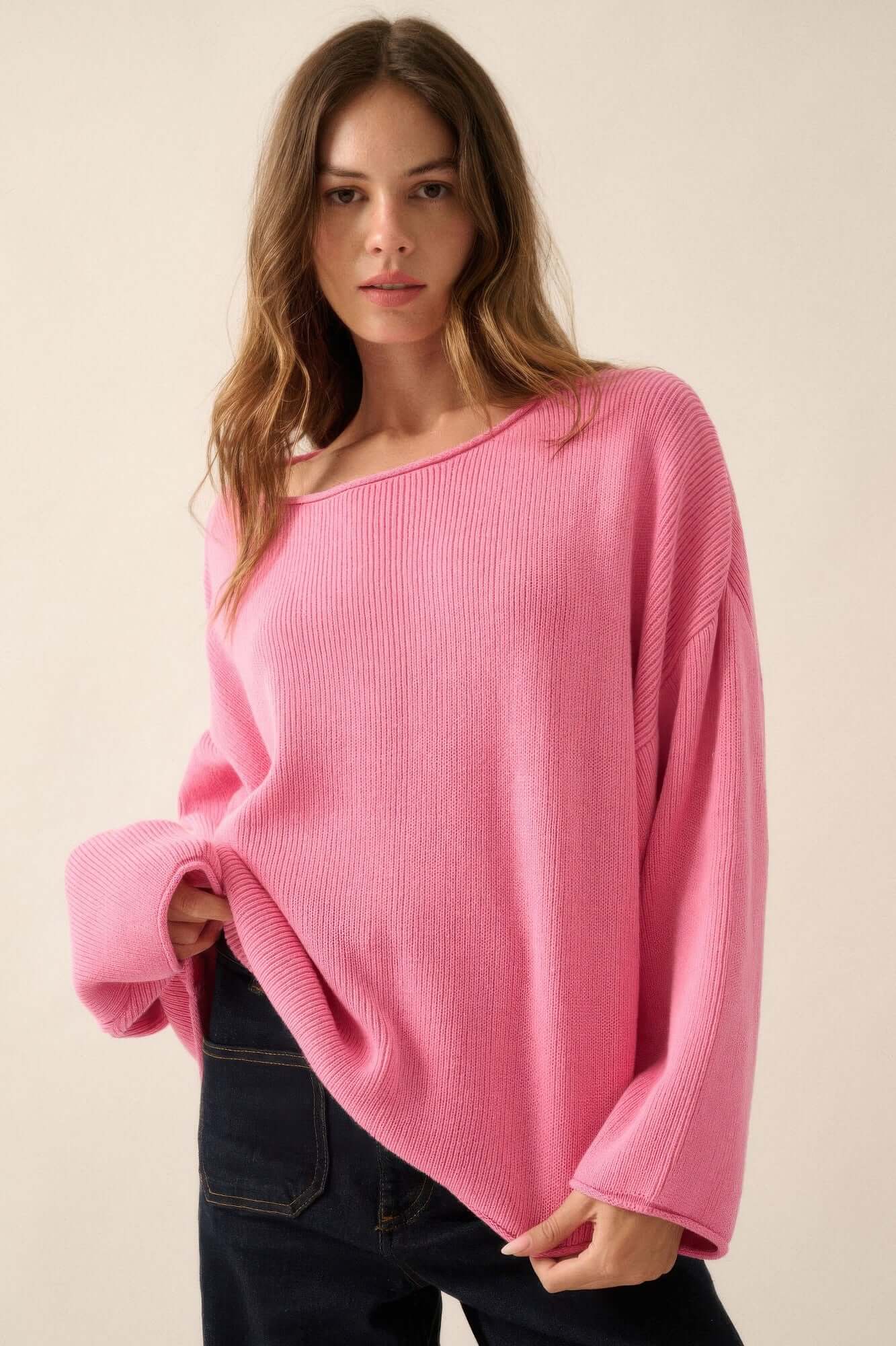 Aurevia Womens Oversized Boatneck Rib Knit Cozy Sweater - Smile Sparker