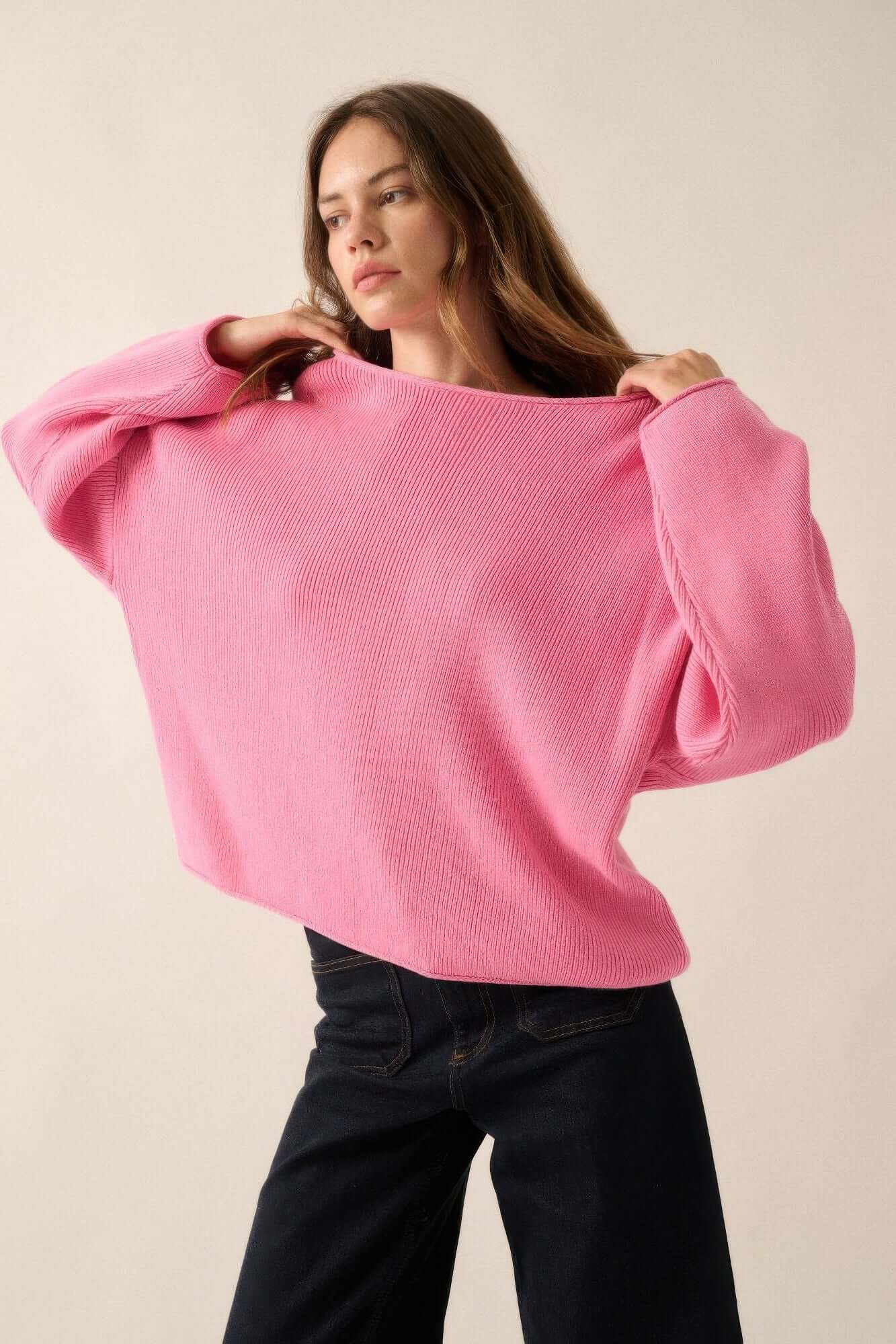 Aurevia Womens Oversized Boatneck Rib Knit Cozy Sweater - Smile Sparker