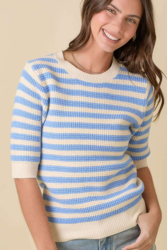 Aurevia Womens Stripe Knit Short Sleeve Sweater Top Casual - Smile Sparker