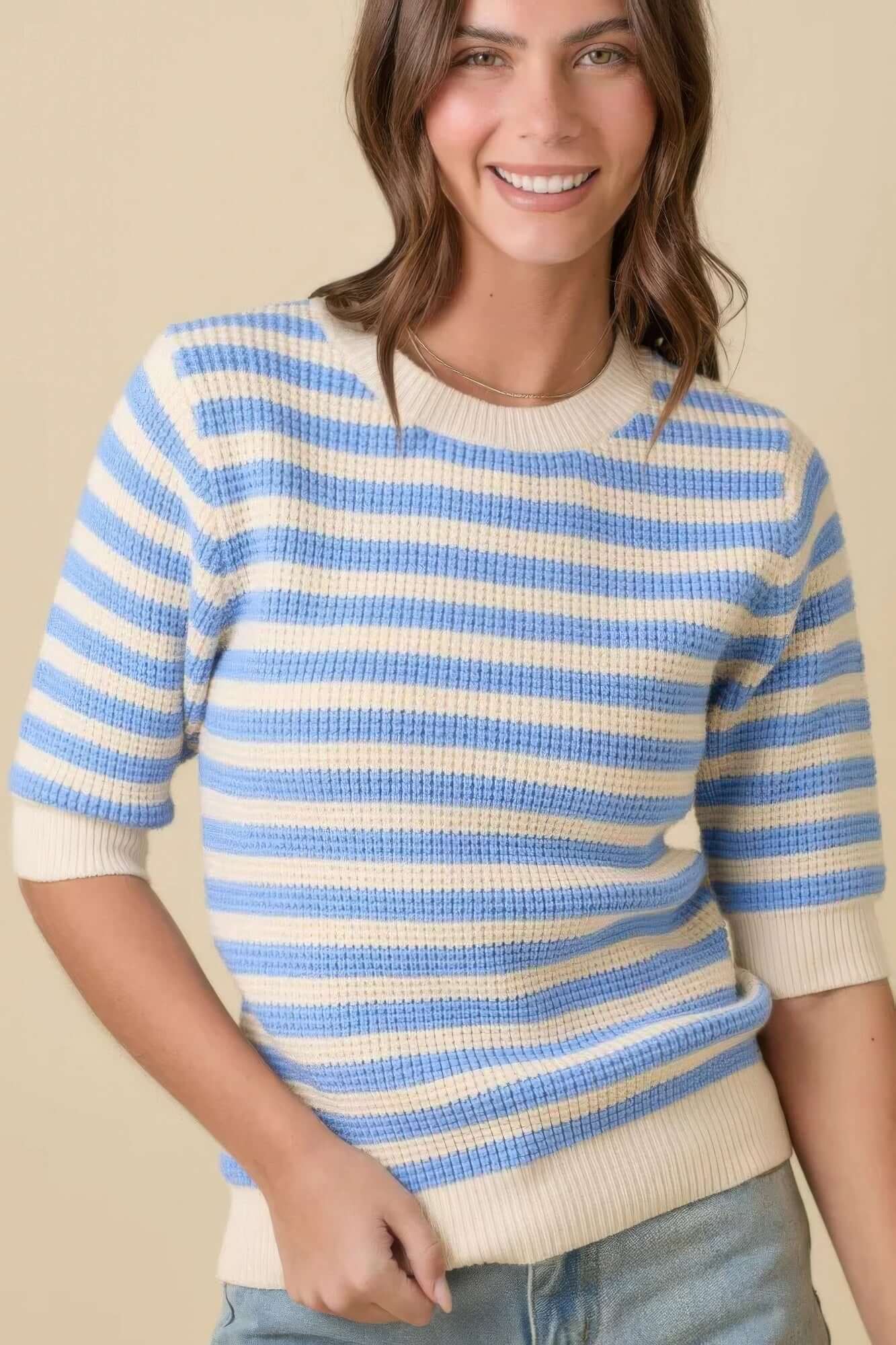 Aurevia Womens Stripe Knit Short Sleeve Sweater Top Casual - Smile Sparker