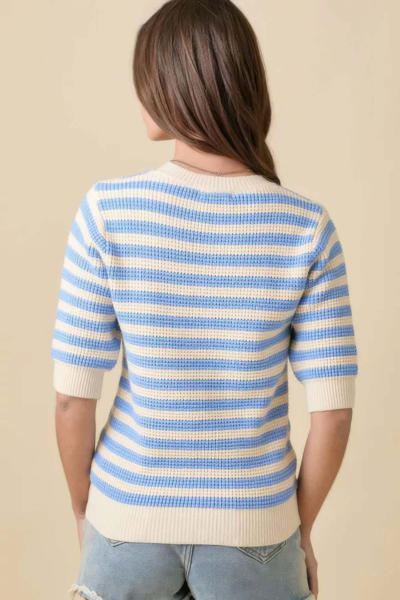 Aurevia Womens Stripe Knit Short Sleeve Sweater Top Casual - Smile Sparker