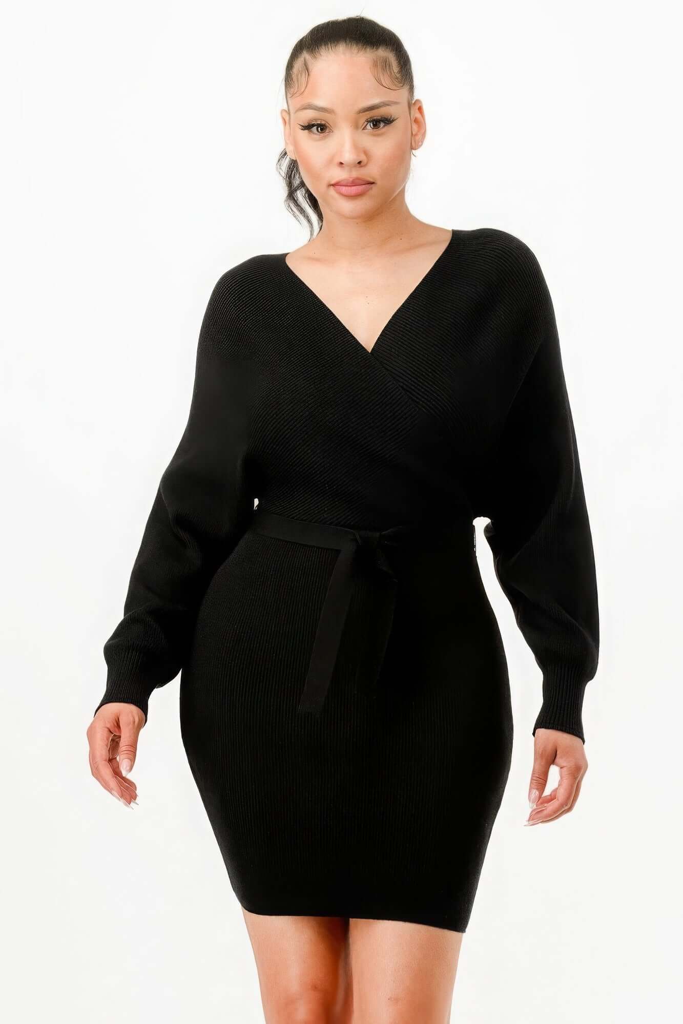 Ophira Off Shoulder Belted Ribbed Sweater Dress Women - Smile Sparker