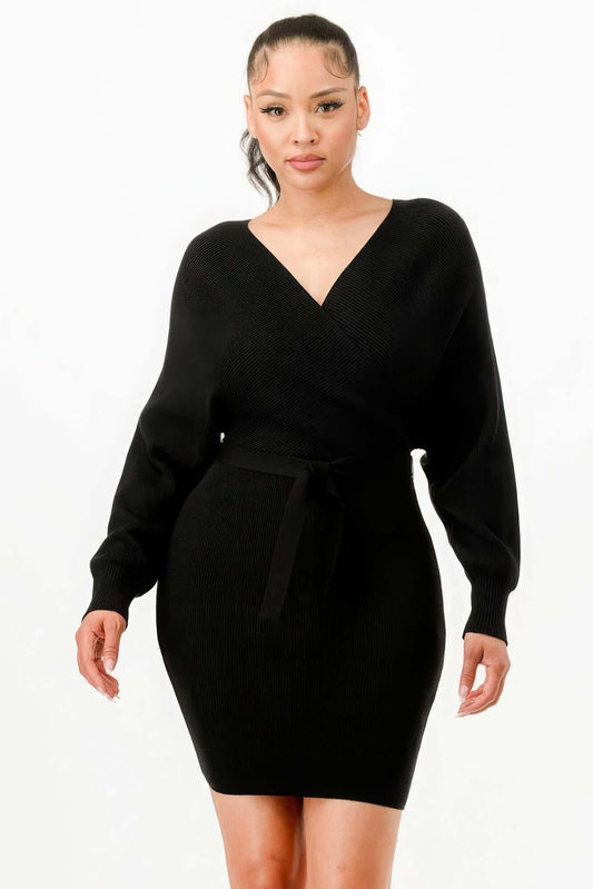 Ophira Off Shoulder Belted Ribbed Sweater Dress Women - Smile Sparker