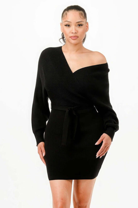 Ophira Off Shoulder Belted Ribbed Sweater Dress Women - Smile Sparker