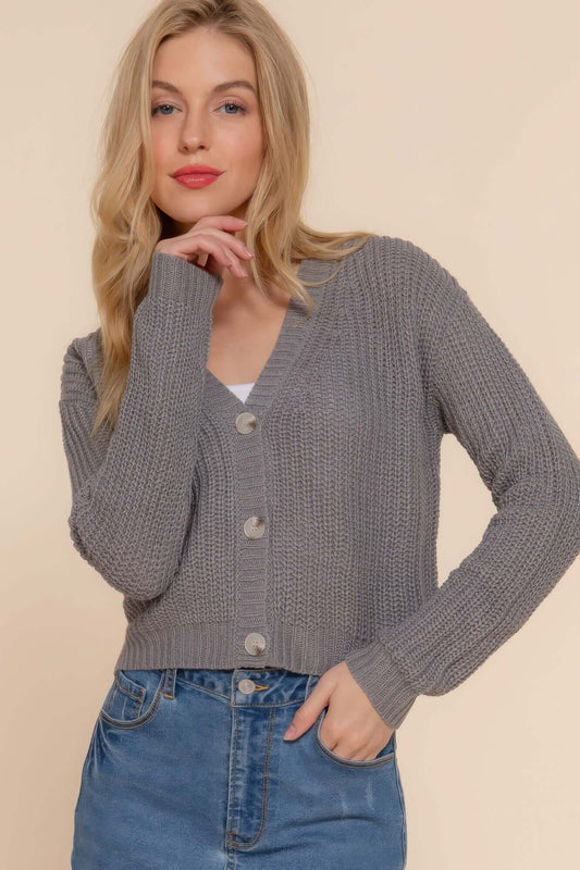 Ophira Grey Long Sleeve V Neck Cardigan Sweater for Women - Smile Sparker