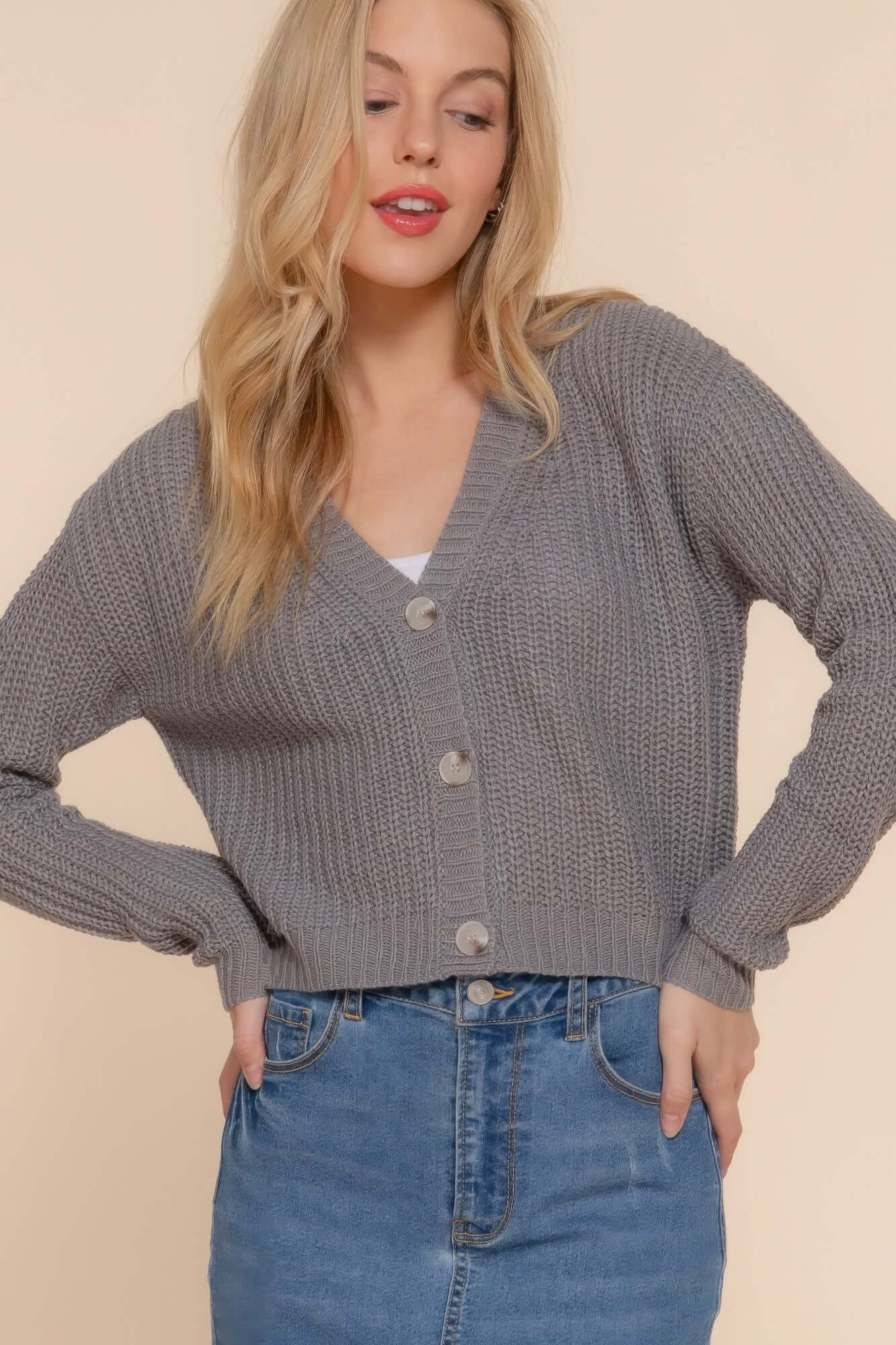 Ophira Grey Long Sleeve V Neck Cardigan Sweater for Women - Smile Sparker