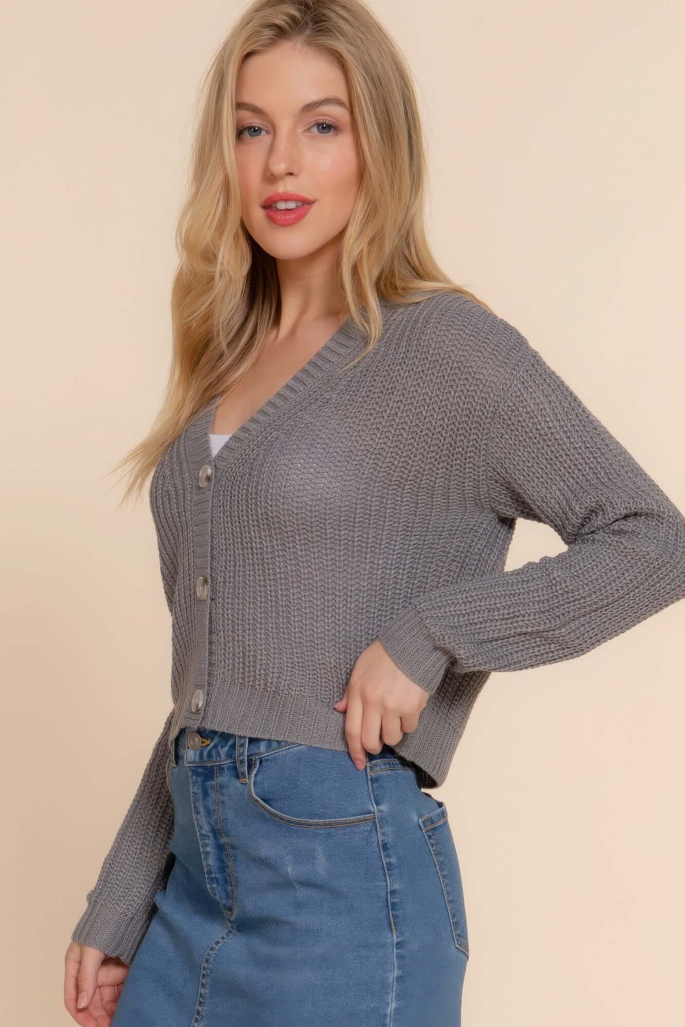 Ophira Grey Long Sleeve V Neck Cardigan Sweater for Women - Smile Sparker