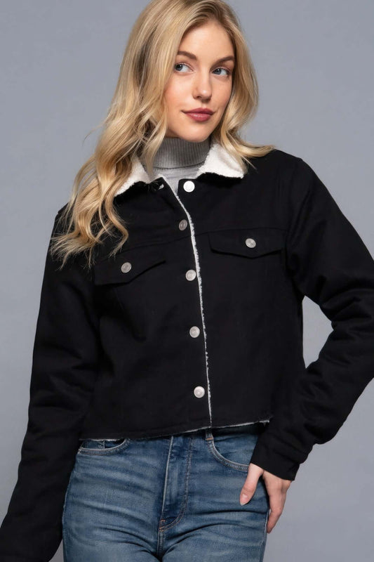 Aurevia Button Closure Sherpa Lined Twill Jacket For Women - Smile Sparker