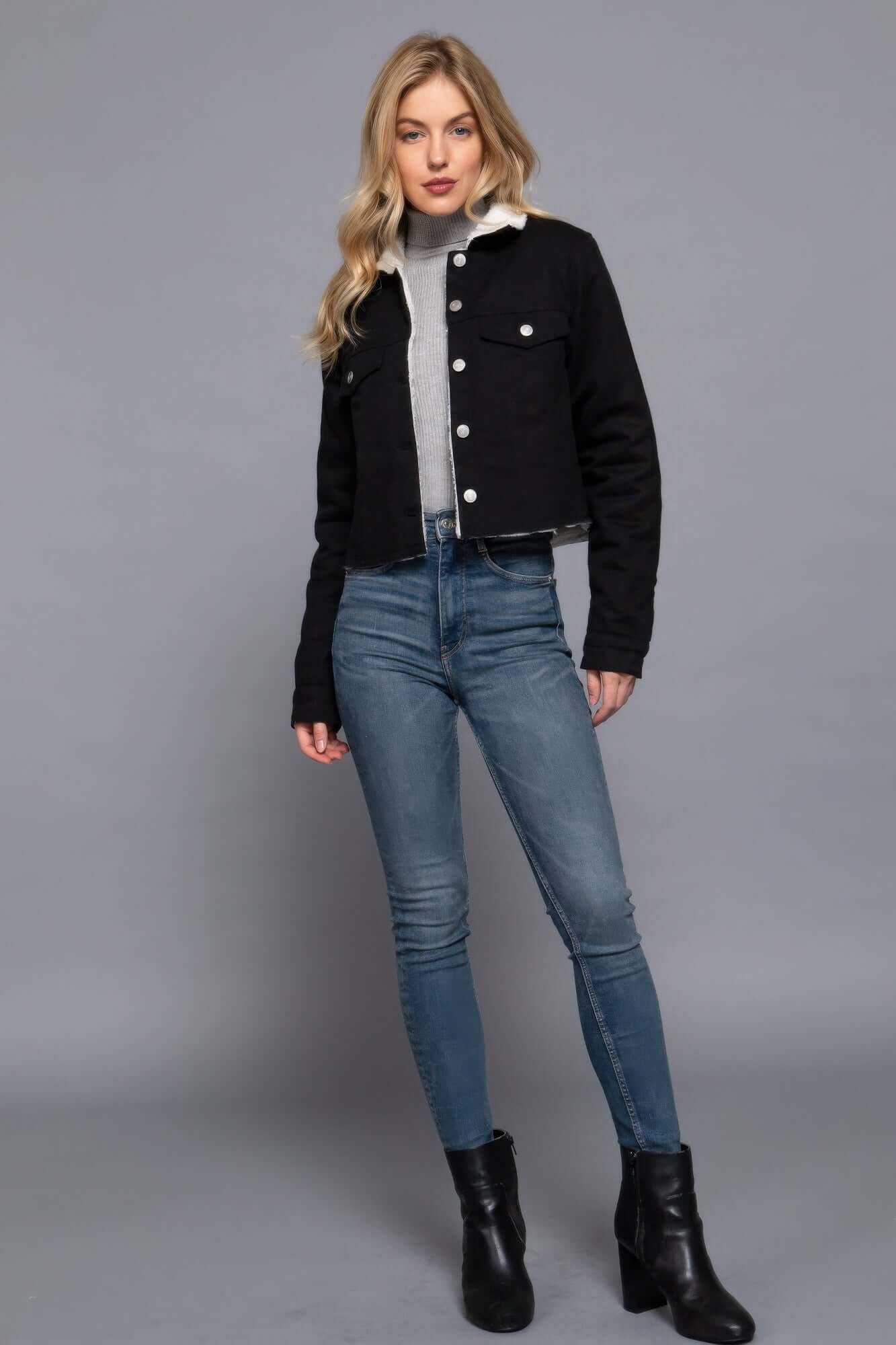 Aurevia Button Closure Sherpa Lined Twill Jacket For Women - Smile Sparker