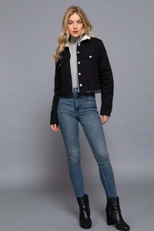 Aurevia Button Closure Sherpa Lined Twill Jacket For Women - Smile Sparker