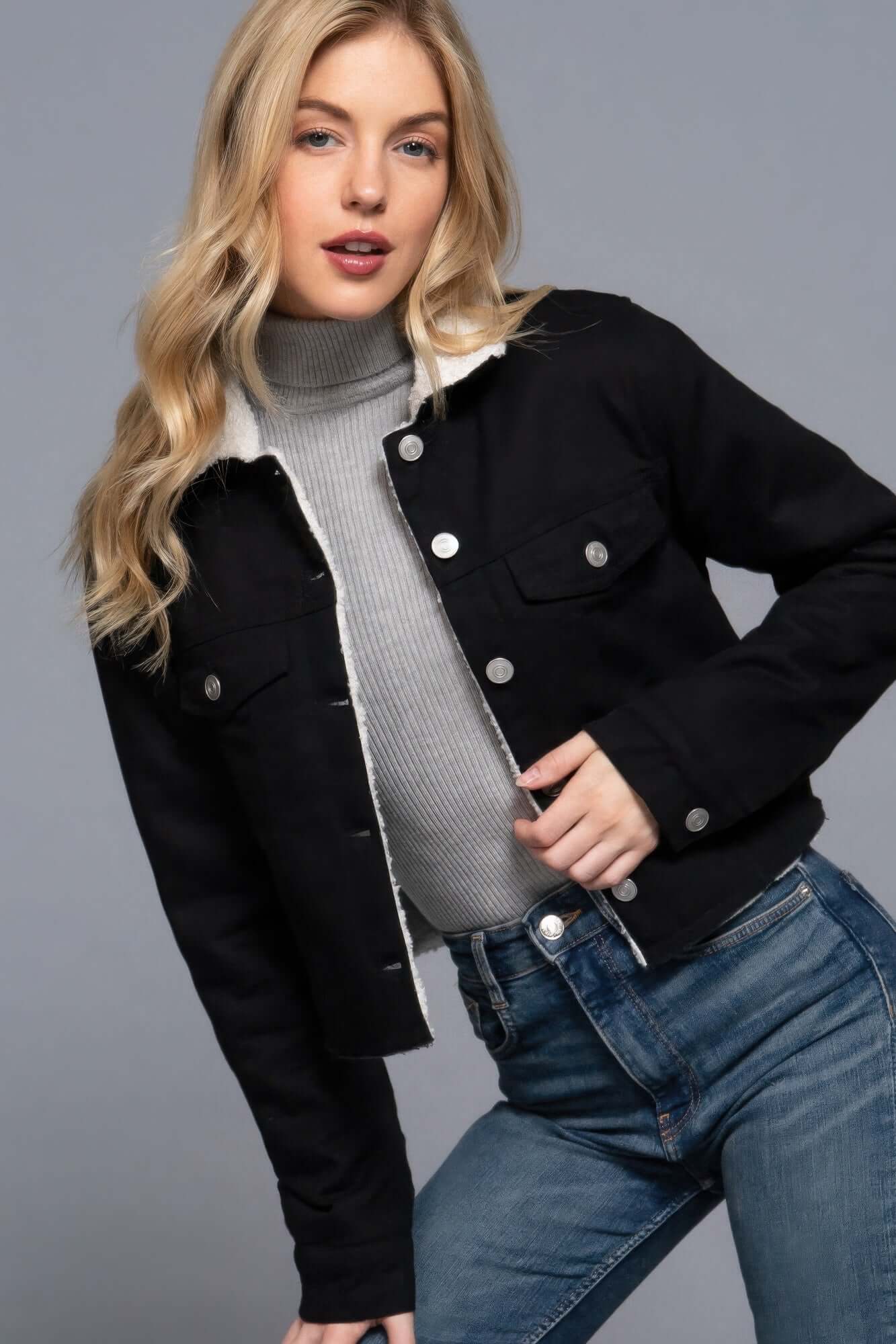 Aurevia Button Closure Sherpa Lined Twill Jacket For Women - Smile Sparker