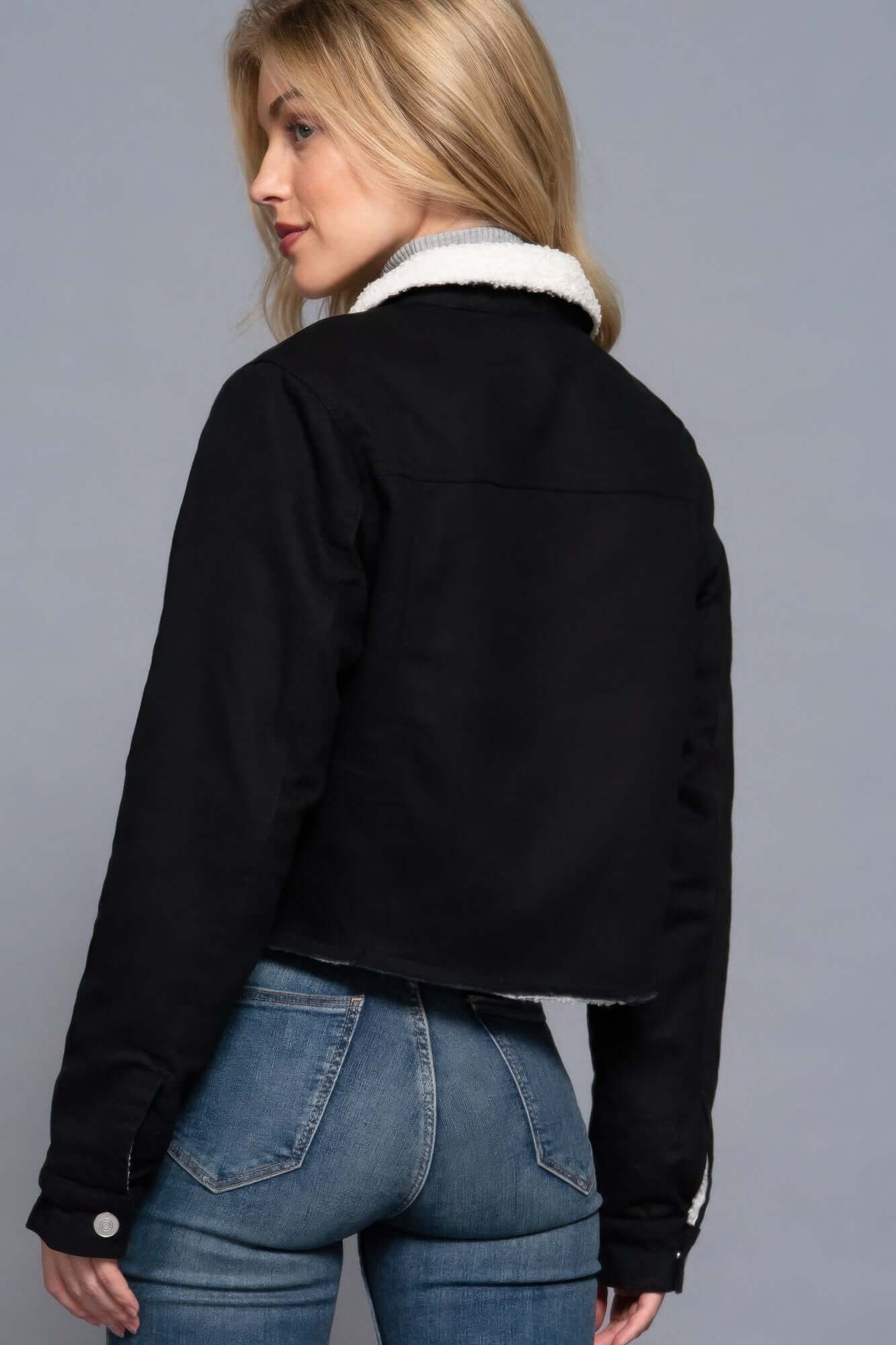 Aurevia Button Closure Sherpa Lined Twill Jacket For Women - Smile Sparker