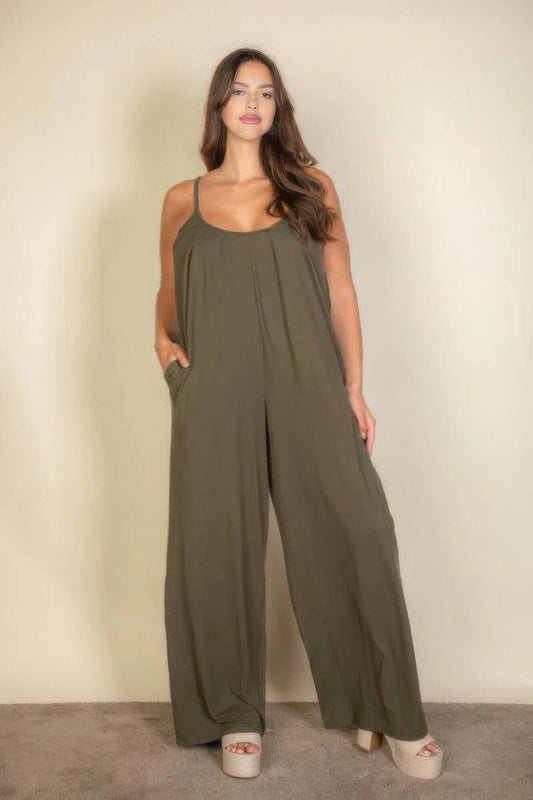 Aurevia Plus Size Spaghetti Strap Olive Wide Leg Jumpsuit - Smile Sparker