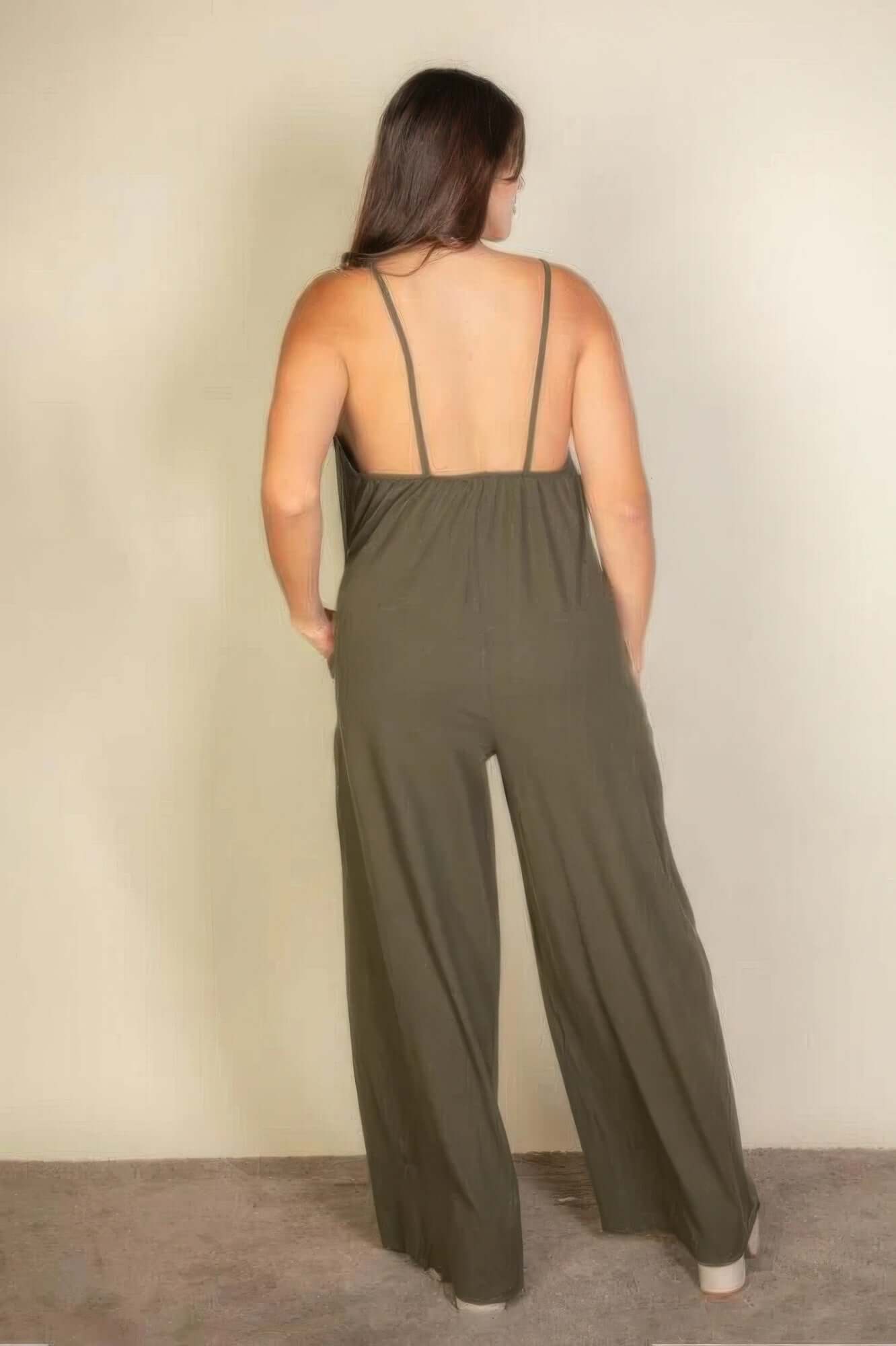 Aurevia Plus Size Spaghetti Strap Olive Wide Leg Jumpsuit - Smile Sparker