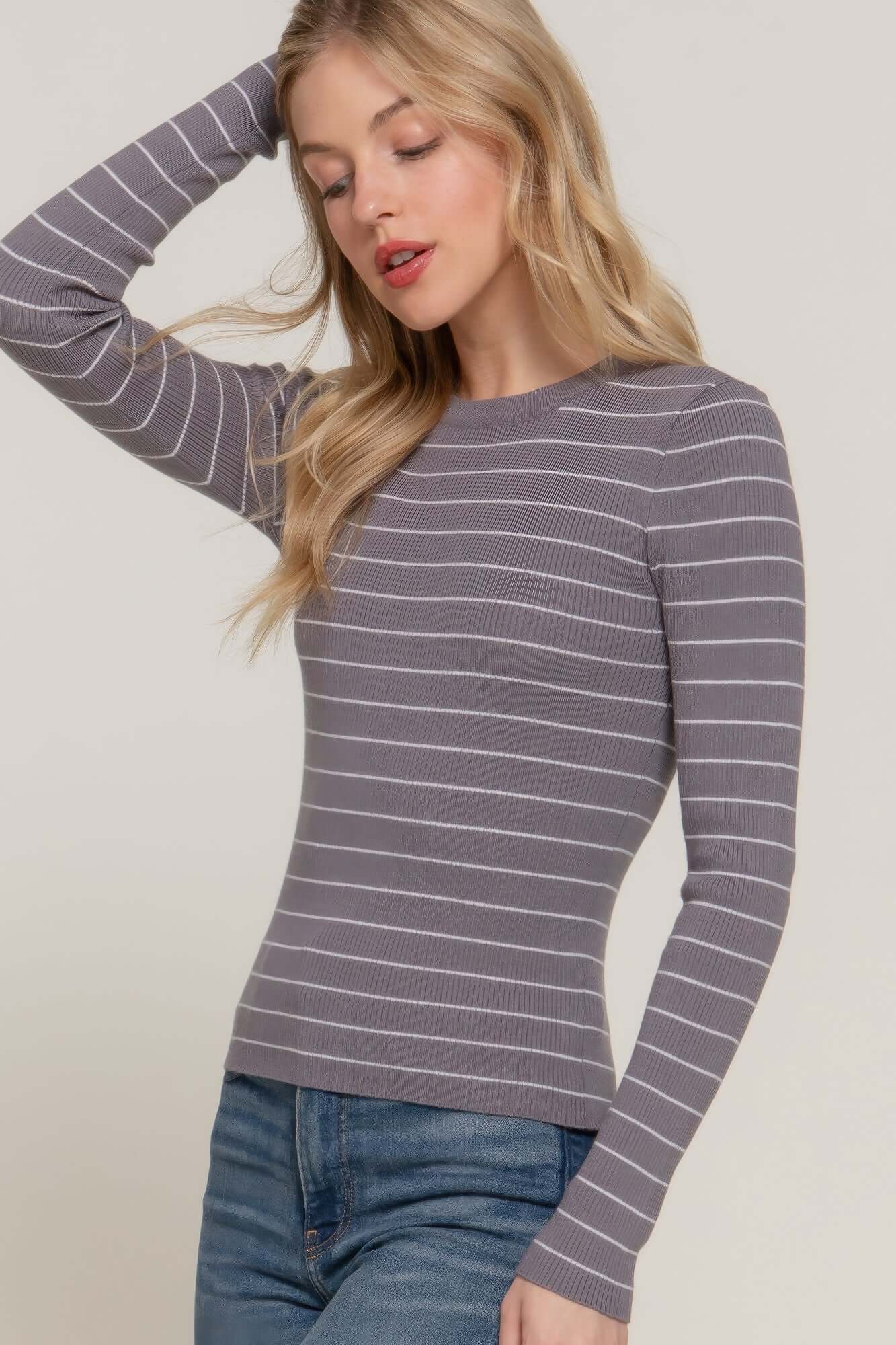 Aurevia Womens Striped Grey Sweater Long Sleeve Crew Neck - Smile Sparker