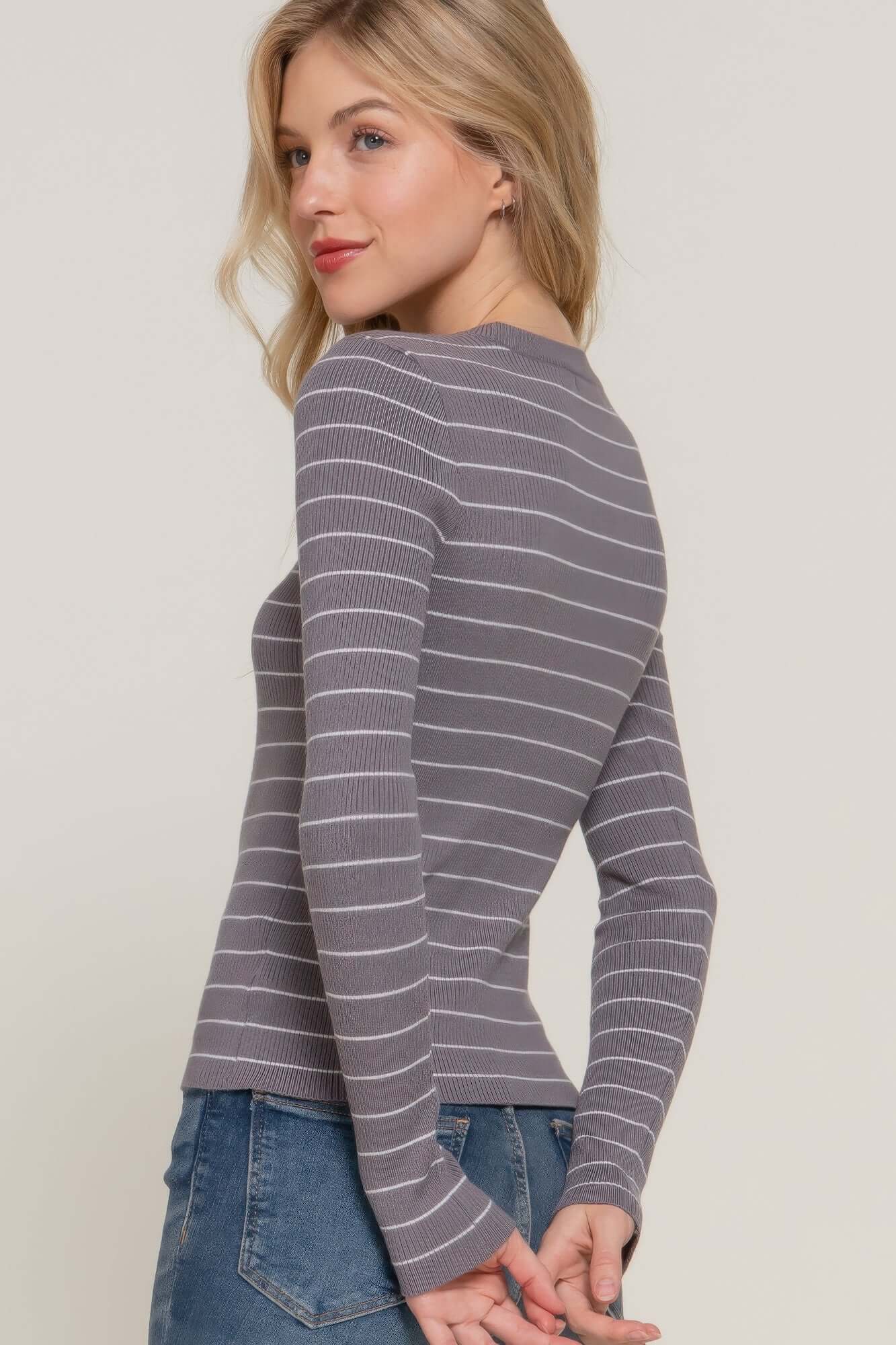 Aurevia Womens Striped Grey Sweater Long Sleeve Crew Neck - Smile Sparker