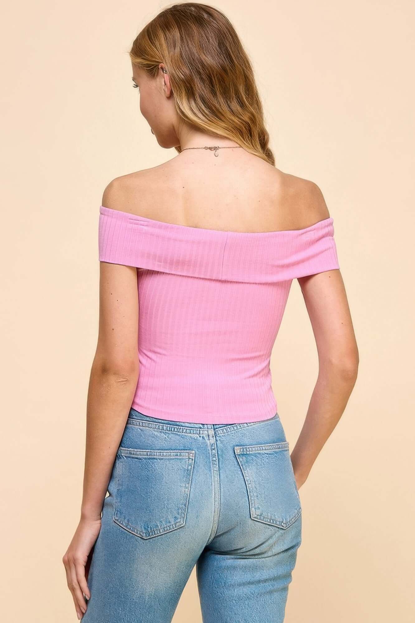 Aurevia Off Shoulder Ribbed Top Aurora Pink Womens Knit - Smile Sparker