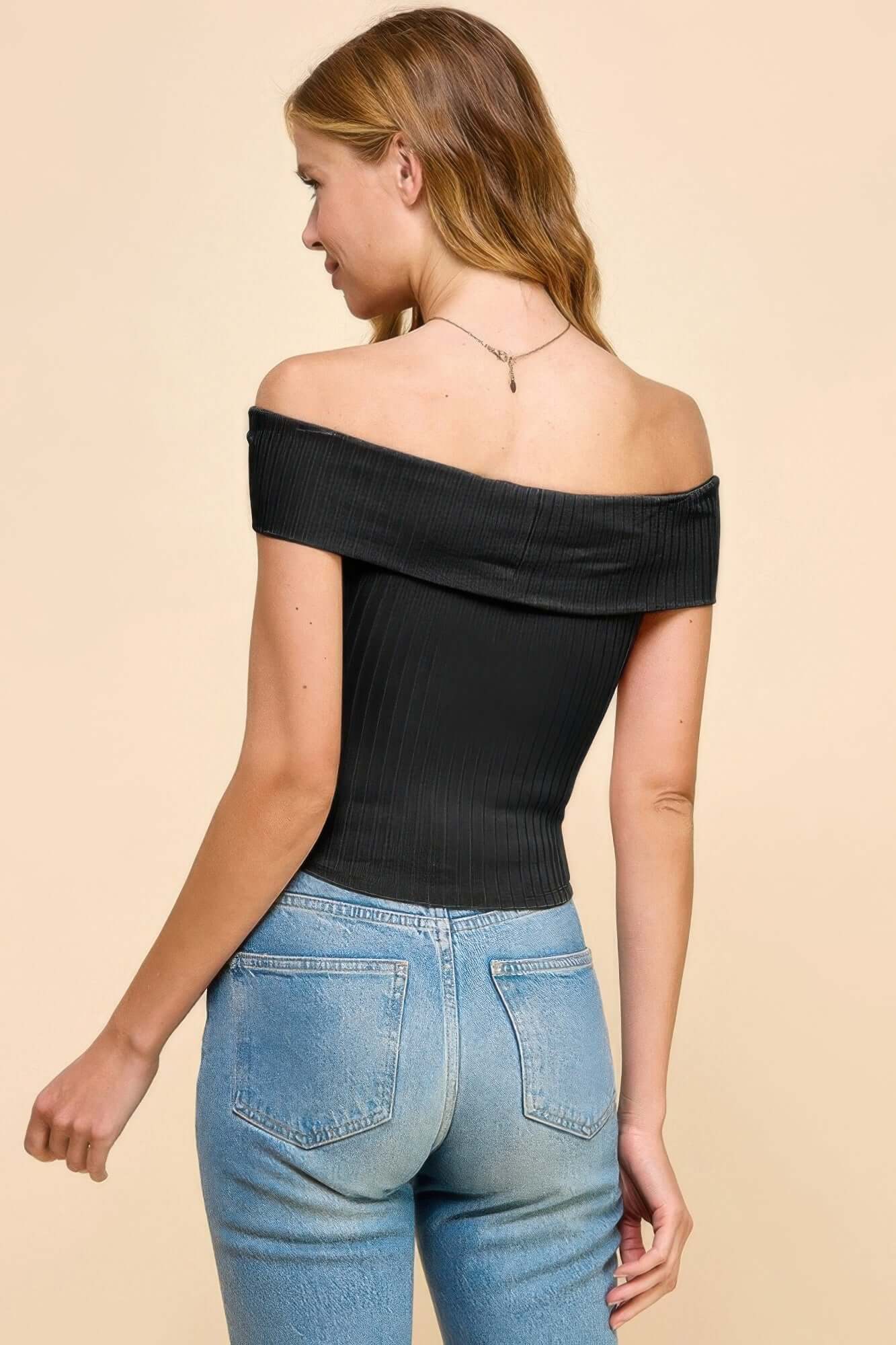 Ophira Off Shoulder Ribbed Top Cotton Blend Women Essentials - Smile Sparker
