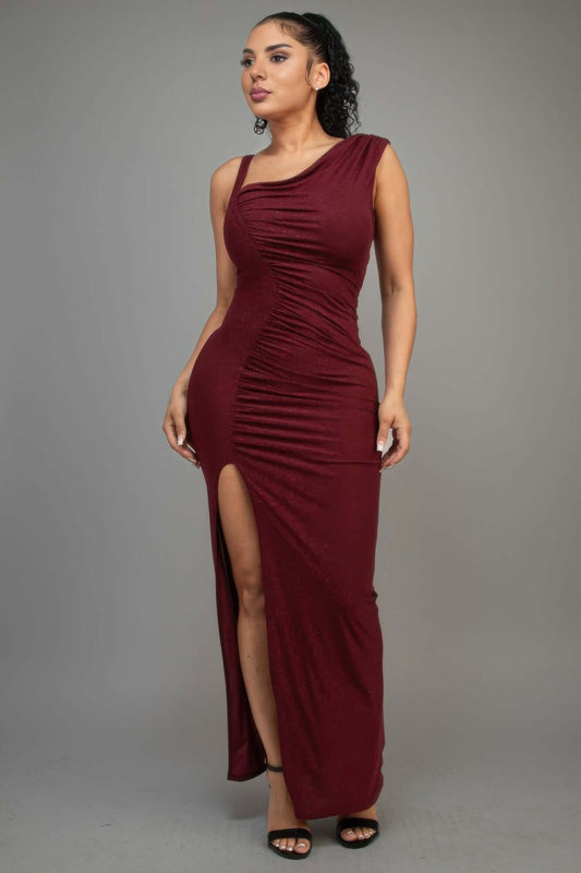 Ophira Glitter Slit Dress Burgundy One Shoulder Evening - Smile Sparker