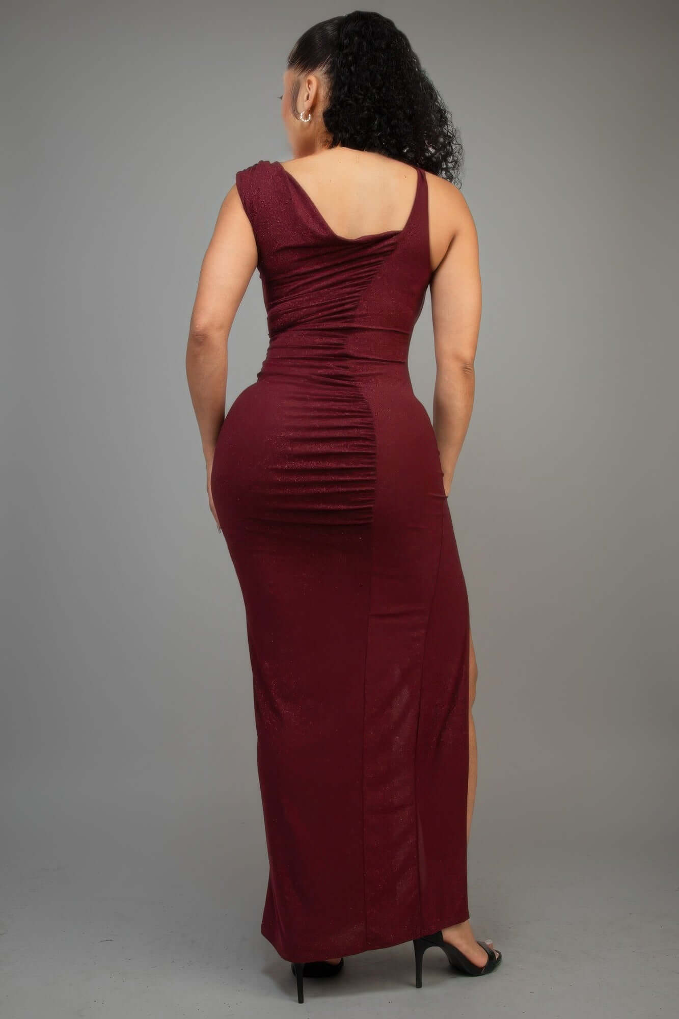 Ophira Glitter Slit Dress Burgundy One Shoulder Evening - Smile Sparker