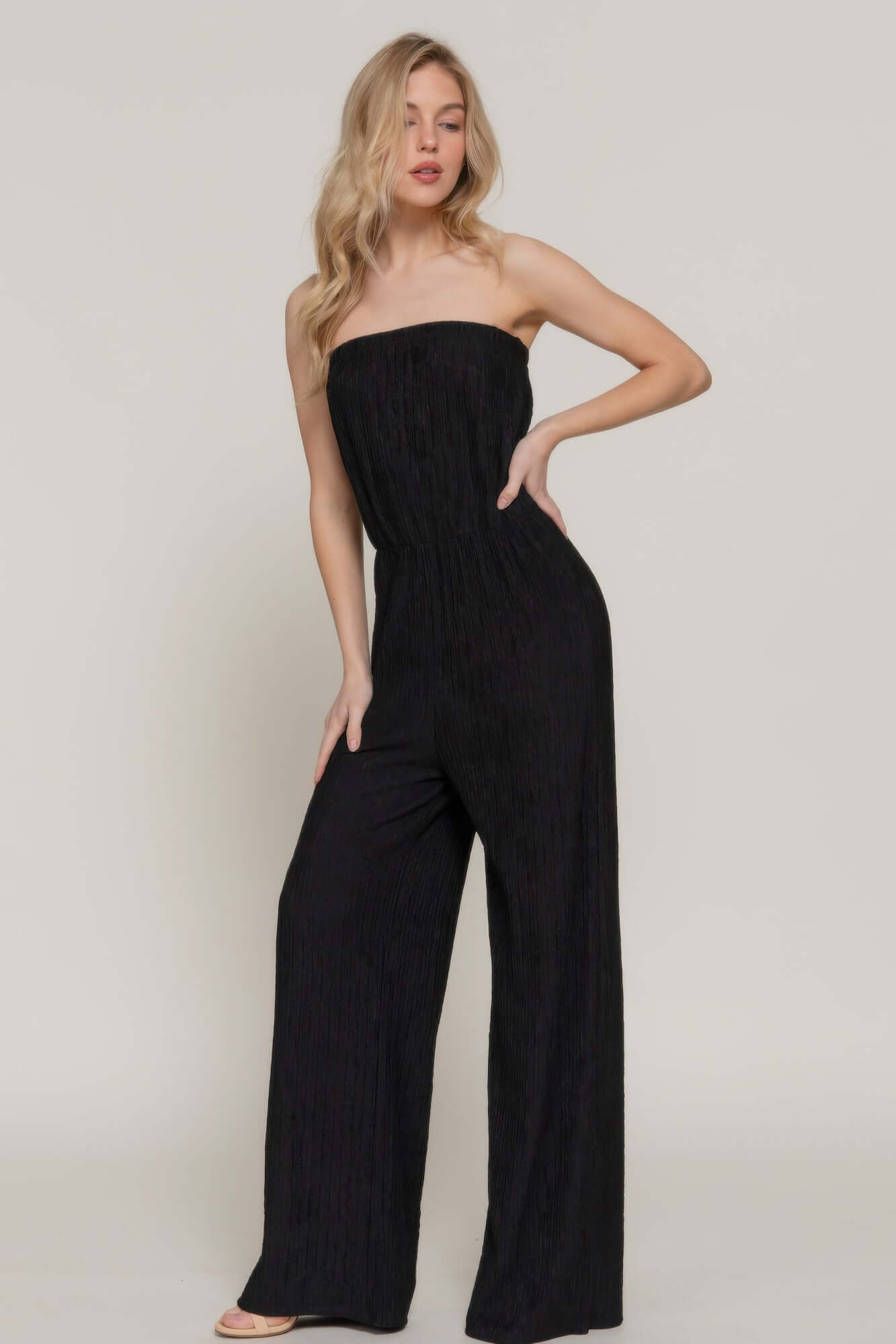 Aurevia Womens Crinkle Knit Tube Jumpsuit Black Strapless - Smile Sparker