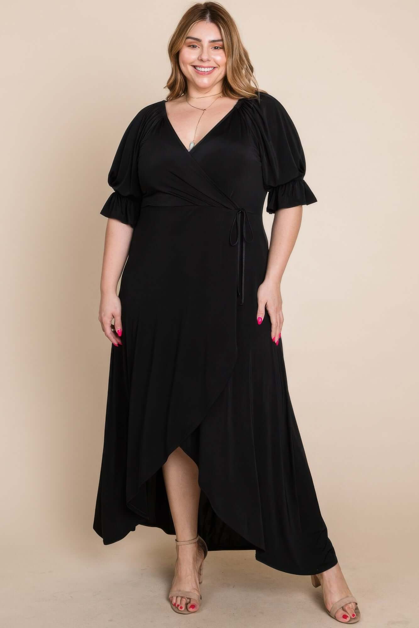 Aurevia Plus Size Solid Venezia Faux Wrap Maxi Dress - Smile Sparker