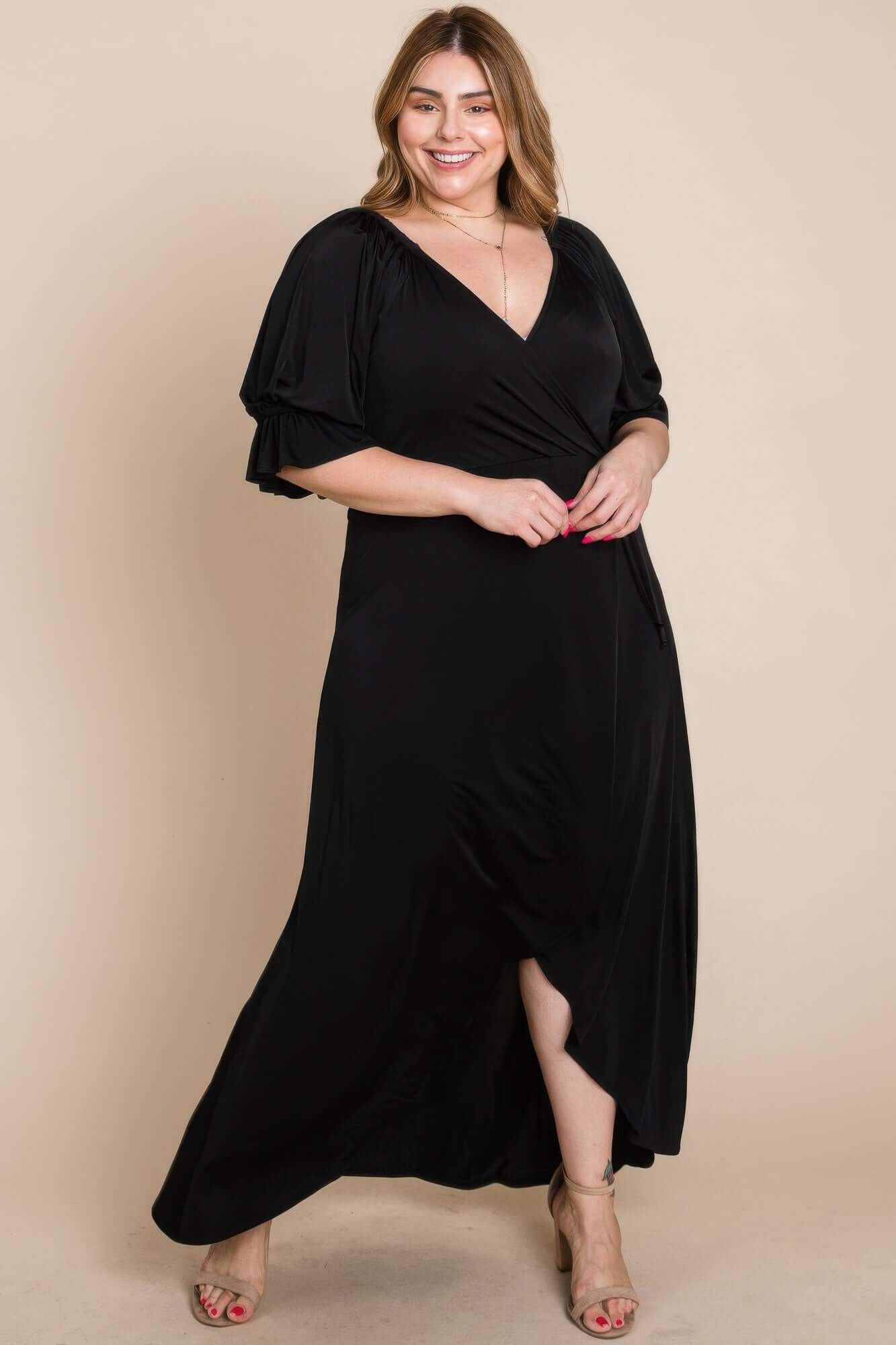 Aurevia Plus Size Solid Venezia Faux Wrap Maxi Dress - Smile Sparker