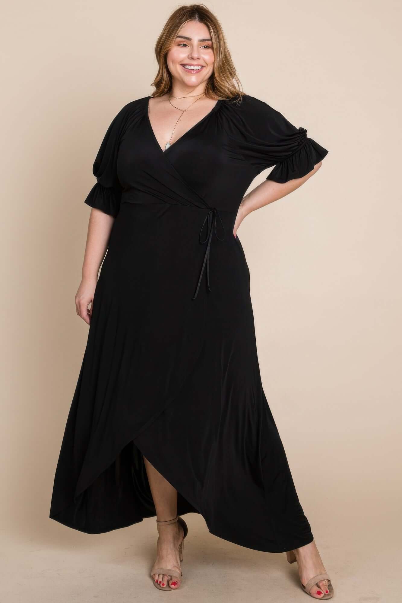 Aurevia Plus Size Solid Venezia Faux Wrap Maxi Dress - Smile Sparker