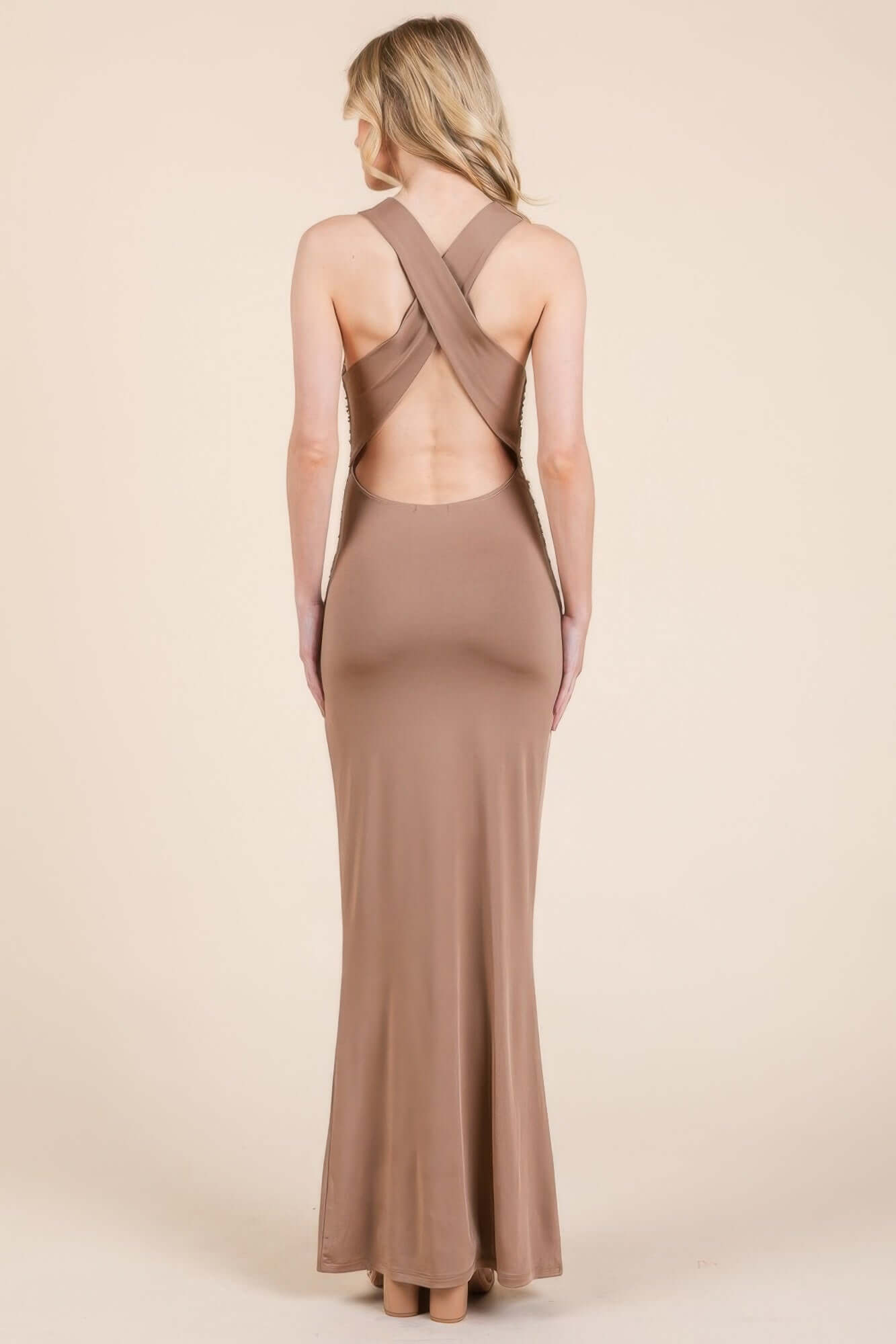 Aurevia Womens Maxi Dress Cowl Neck Cross Back Shirring - Smile Sparker
