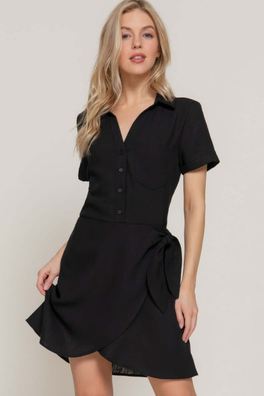 Aurevia Button Down Side Bow Linen Look Mini Dress Black - Smile Sparker