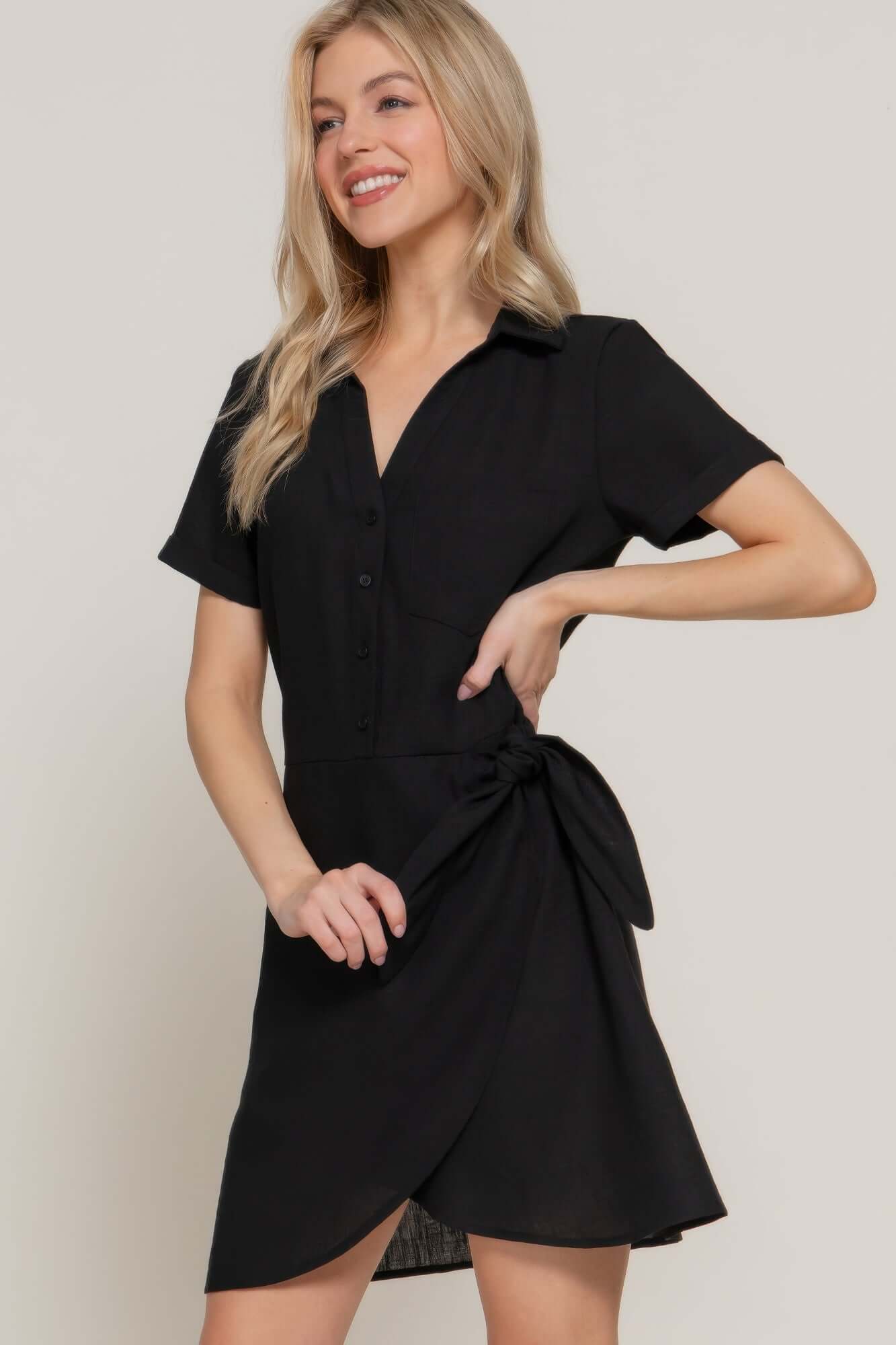 Aurevia Button Down Side Bow Linen Look Mini Dress Black - Smile Sparker