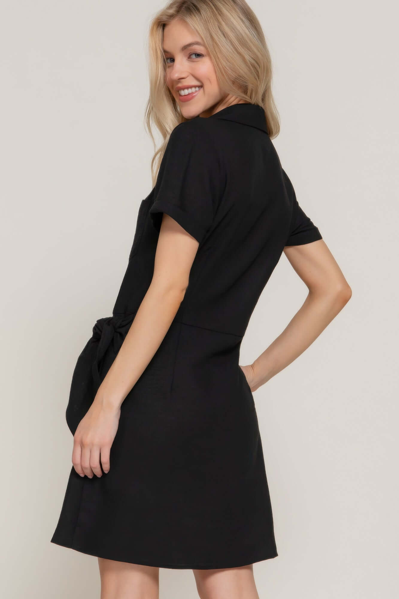 Aurevia Button Down Side Bow Linen Look Mini Dress Black - Smile Sparker