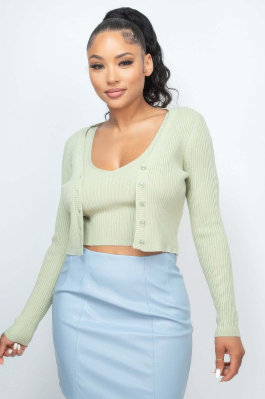 Aurevia Crop Tank Top Cardigan Set Women Two Piece Knit - Smile Sparker