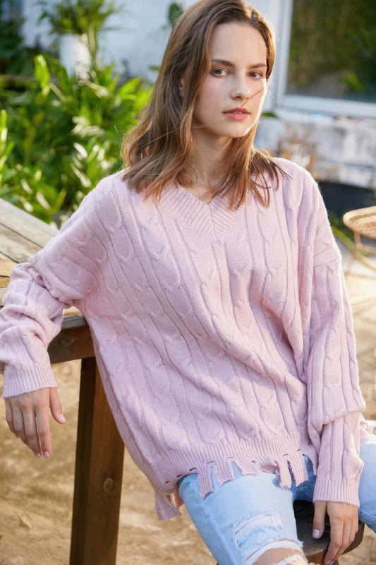 Aurevia Women Solid Knit Sweater V Neck With Side Slit - Smile Sparker