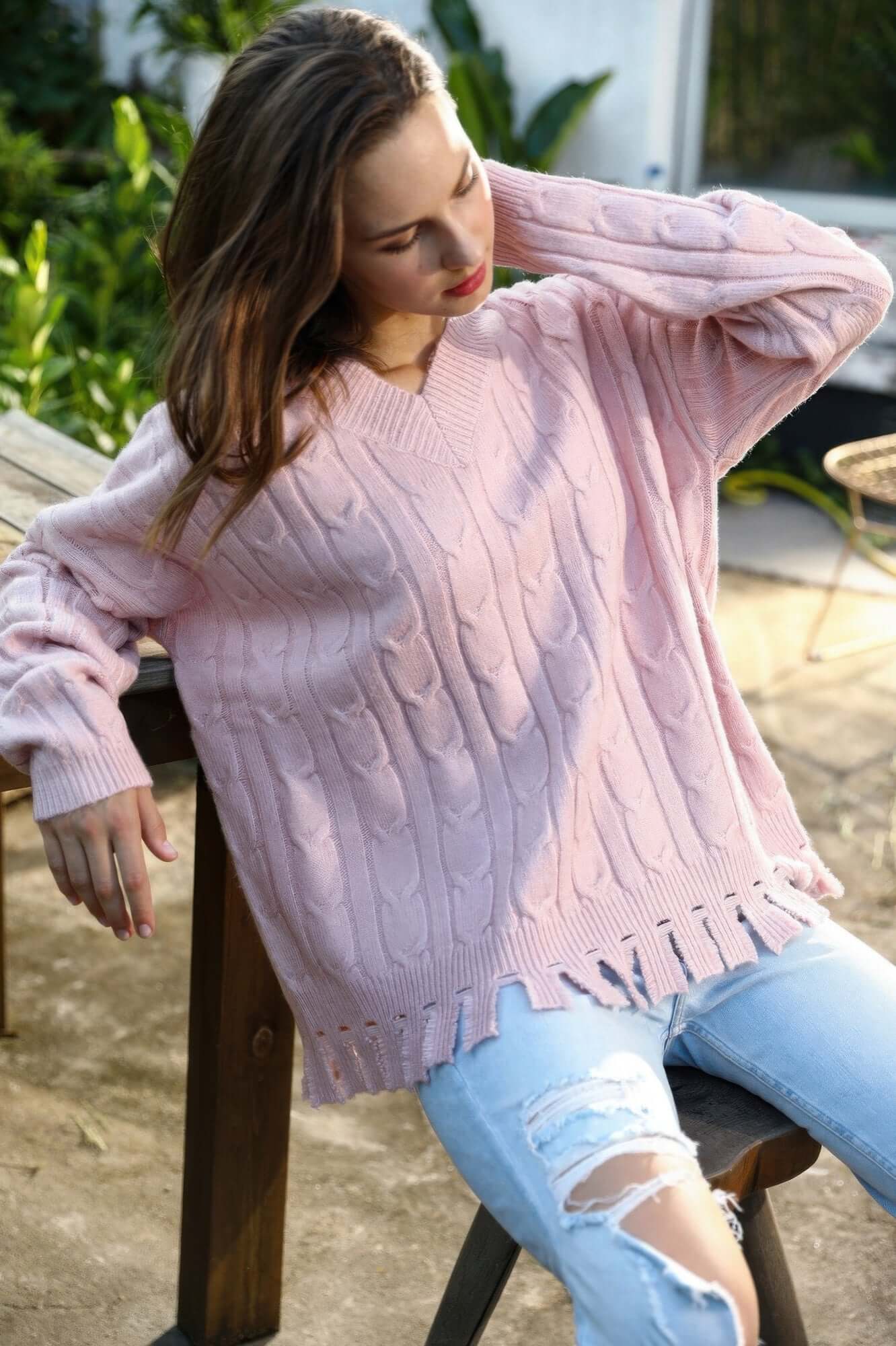 Aurevia Women Solid Knit Sweater V Neck With Side Slit - Smile Sparker