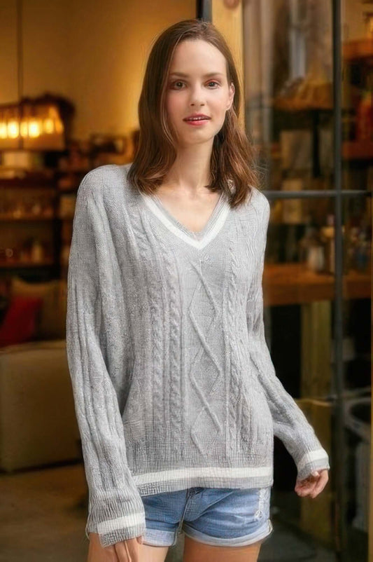 Ophira Braid Knit V Neck Sweater Womens Two Tone Trim - Smile Sparker