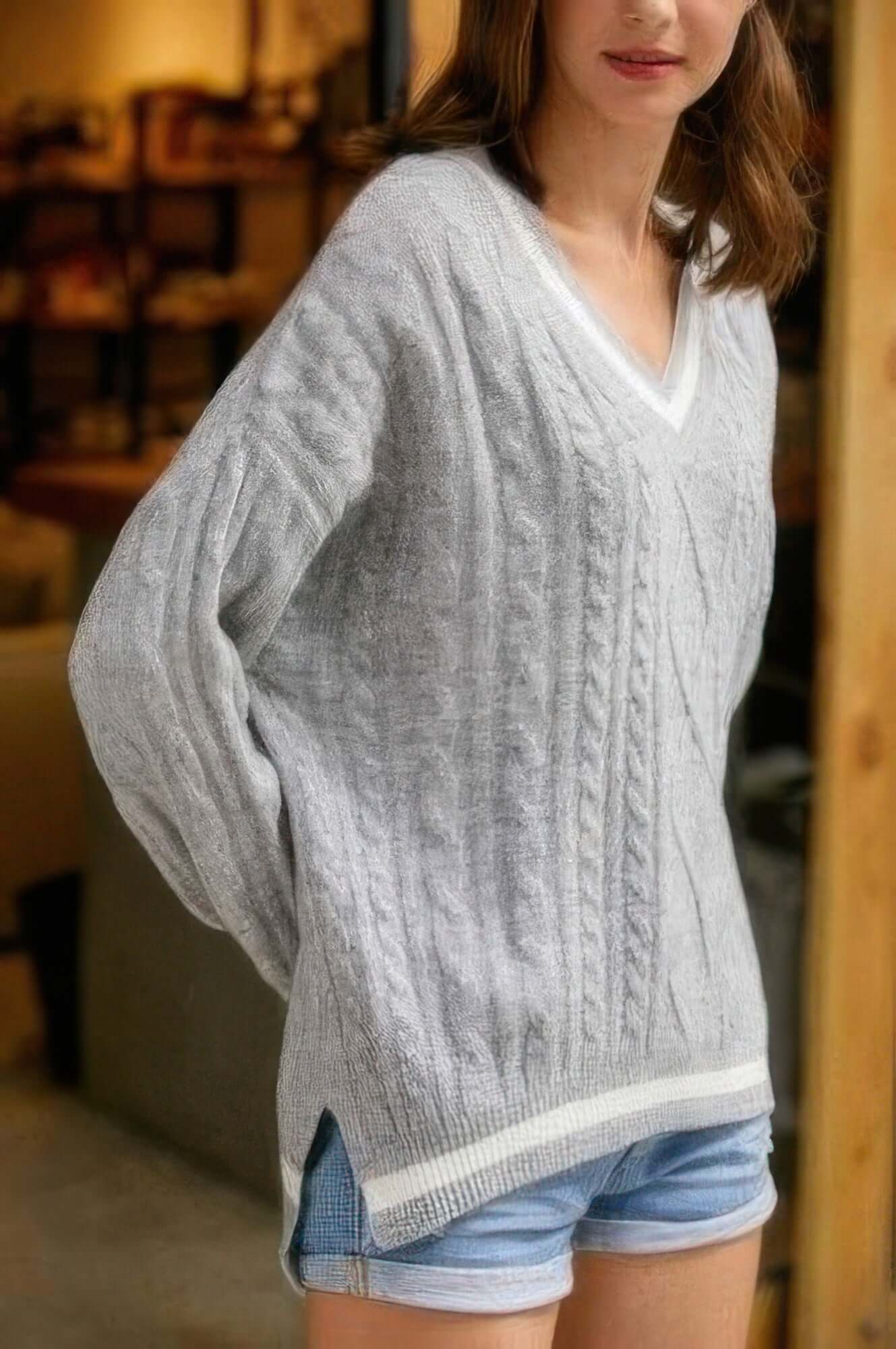 Ophira Braid Knit V Neck Sweater Womens Two Tone Trim - Smile Sparker