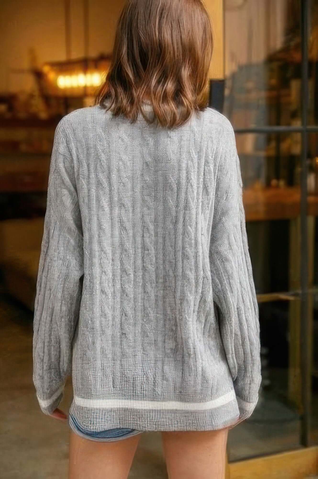 Ophira Braid Knit V Neck Sweater Womens Two Tone Trim - Smile Sparker