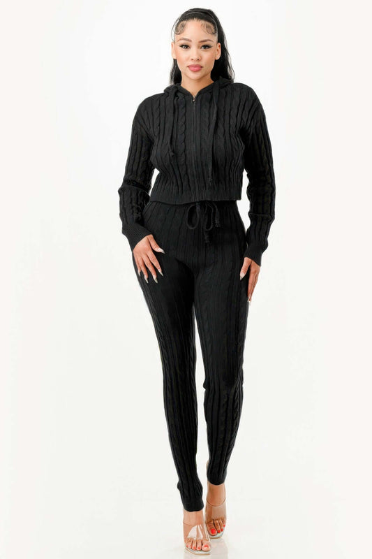 Ophira Women Cozy Cable Knit Hoodie Set Two Piece Lounge - Smile Sparker