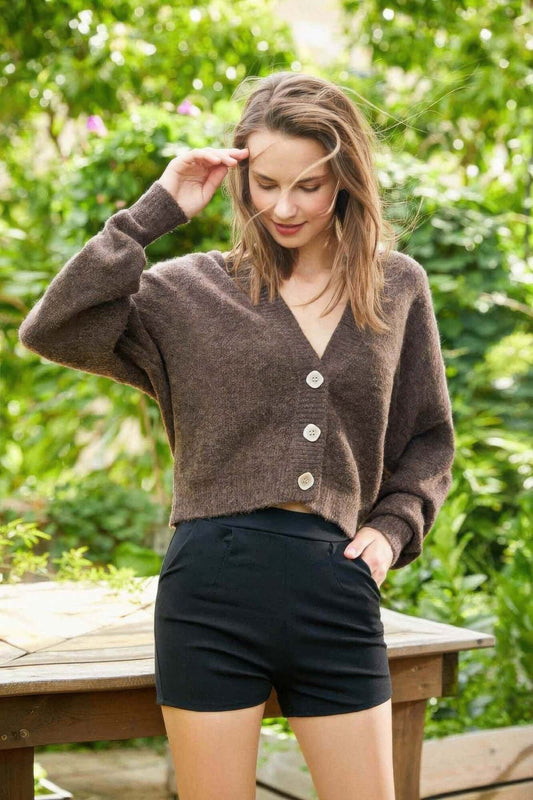 Ophira Women's Low V Neck Button Front Cropped Sweater Top - Smile Sparker