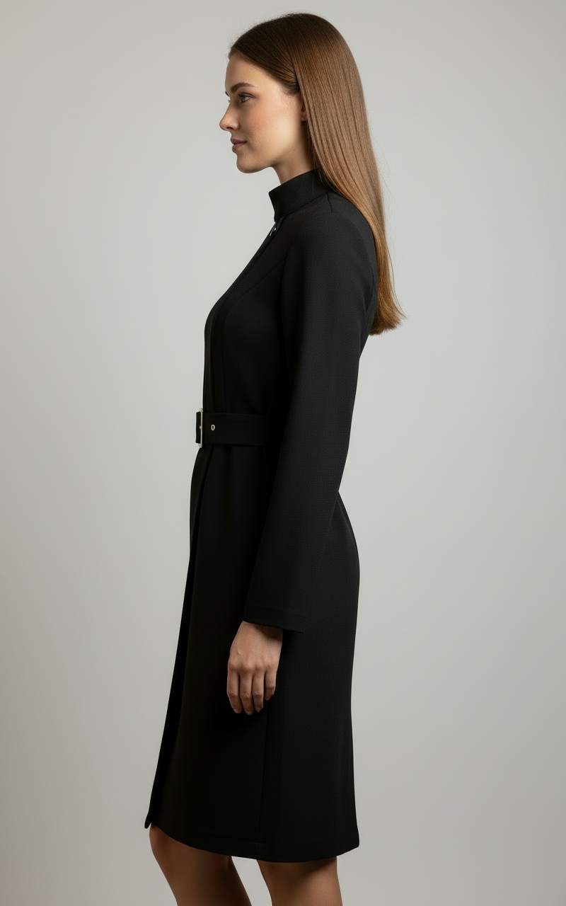 black high-neck asymmetric belted a-line dress Black Asymmetric Dress